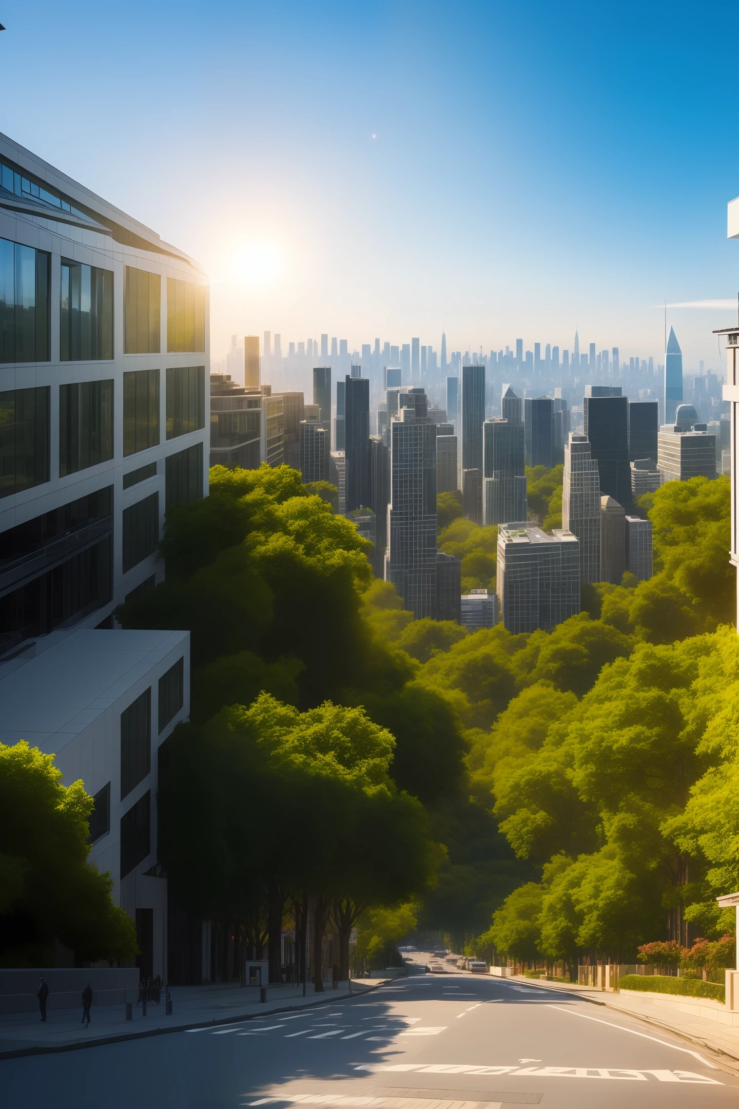 (masterpiece, best quality, excellent quality, extremely detailed), sky, city, (skyscrapers), mountain, trees, pavement, lens flare