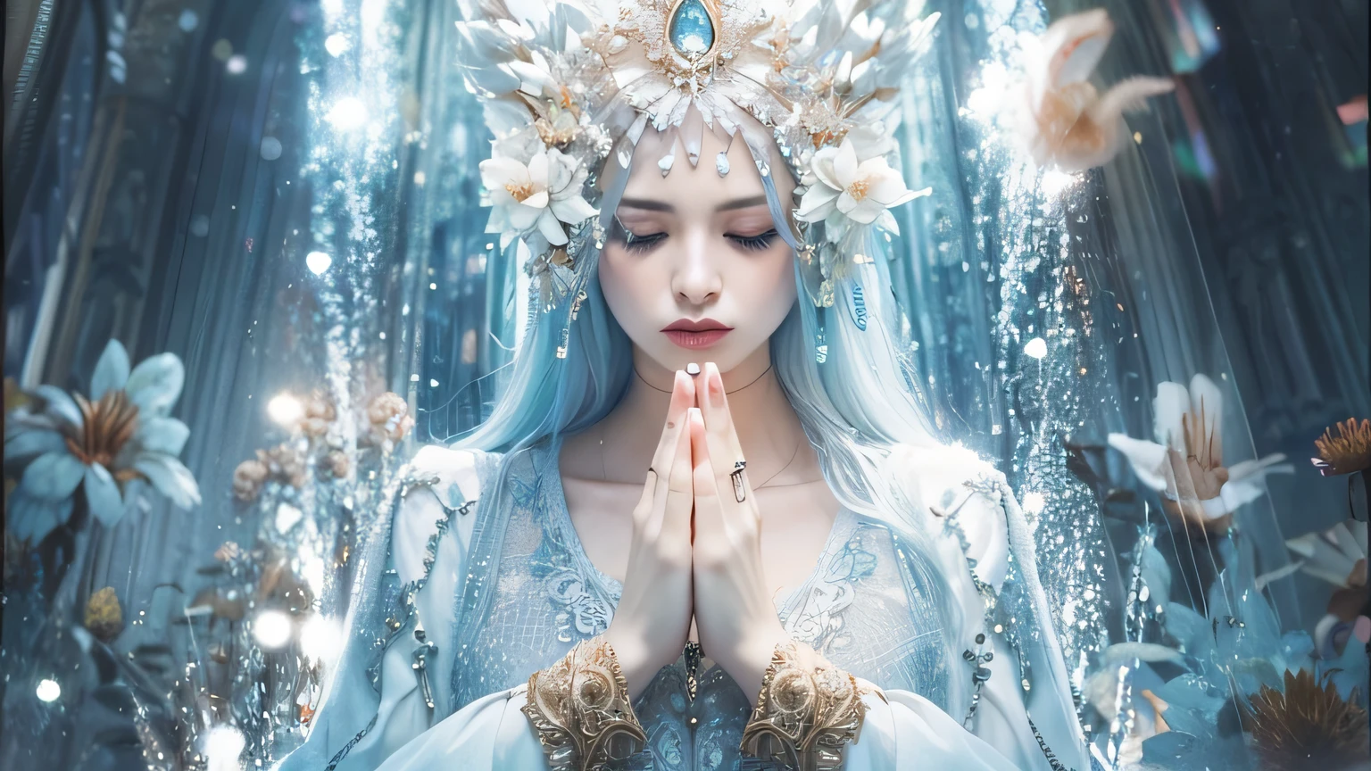 a woman with blue hair and a crown on her head, deusa do inverno, Bruxa Frost Antiga Bonita, ethereal beauty, Fae Sacerdotisa, Ethereal Fantasy, deusa. Detalhes extremamente altos, Rainha do Inverno, rainha do gelo, Sacerdotisa elfa, ((uma bela imperatriz fantasia)), Um retrato impressionante de uma deusa, Deusa da sabedoria, A Alta Sacerdotisa --auto