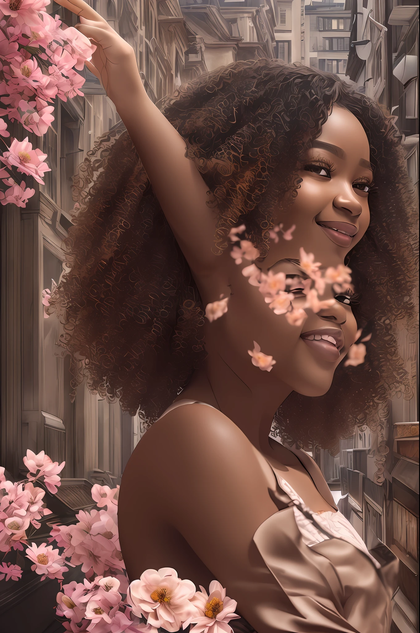 3D style realistic portrait of beautiful 9 month old African African baby girl ((dark brown skin color)) in city street, with jumping happily, ((Playtoon)), cute smile, ((with flowers)), wearing T-shirt (((without print))), orange and jeans, shoes from current fashion, mega hair long curly hair, ((kanekalon)), (cinematic contour lighting), close-up, product preview, detailed facial details, perfect face, sharpness, trend art, sharp facial details, cgsociety , art very high quality digital, exquisite hyperdetail, 4k, 3D, 8k, chibi style, soft lighting, dreamy fashion --auto --s2