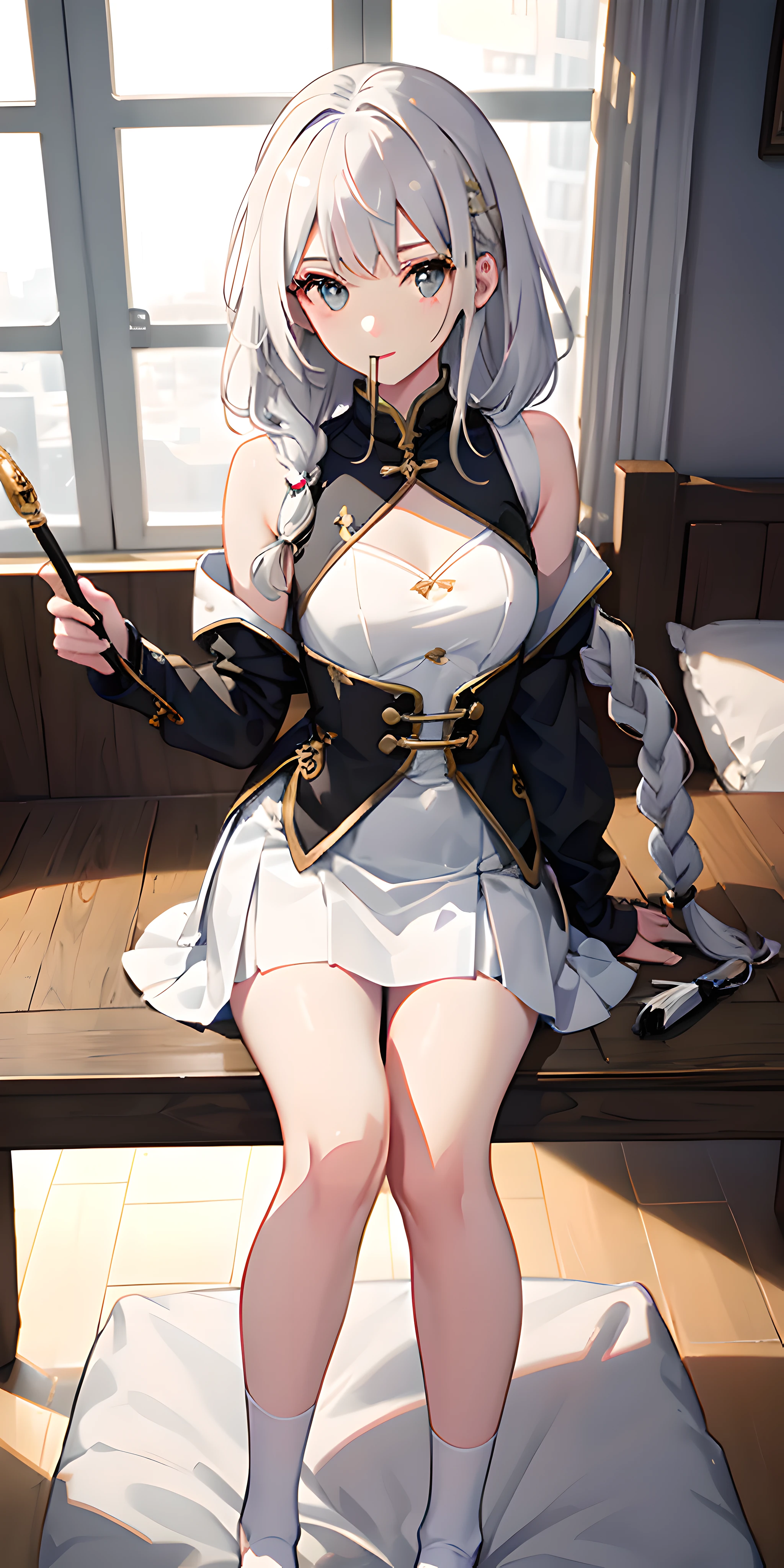 Has long white hair,Glass Hitomi,adolable,close-up all over the body,Keep your mouth shut,超高分辨率,extremly intricate,Wear a white vest,Dull hair on the head,Wear a short skirt,A hexagonal gold brooch is worn on his chest,The chest is small,teens girl,Holds a magic wand in his right hand,Bare legged,Wear socks,Very beautiful,15 years old,Brush a twisted braid,with fair skin,teens girl,A shy look,sit on a bed,Top angle of view,4K,Light eye shadow