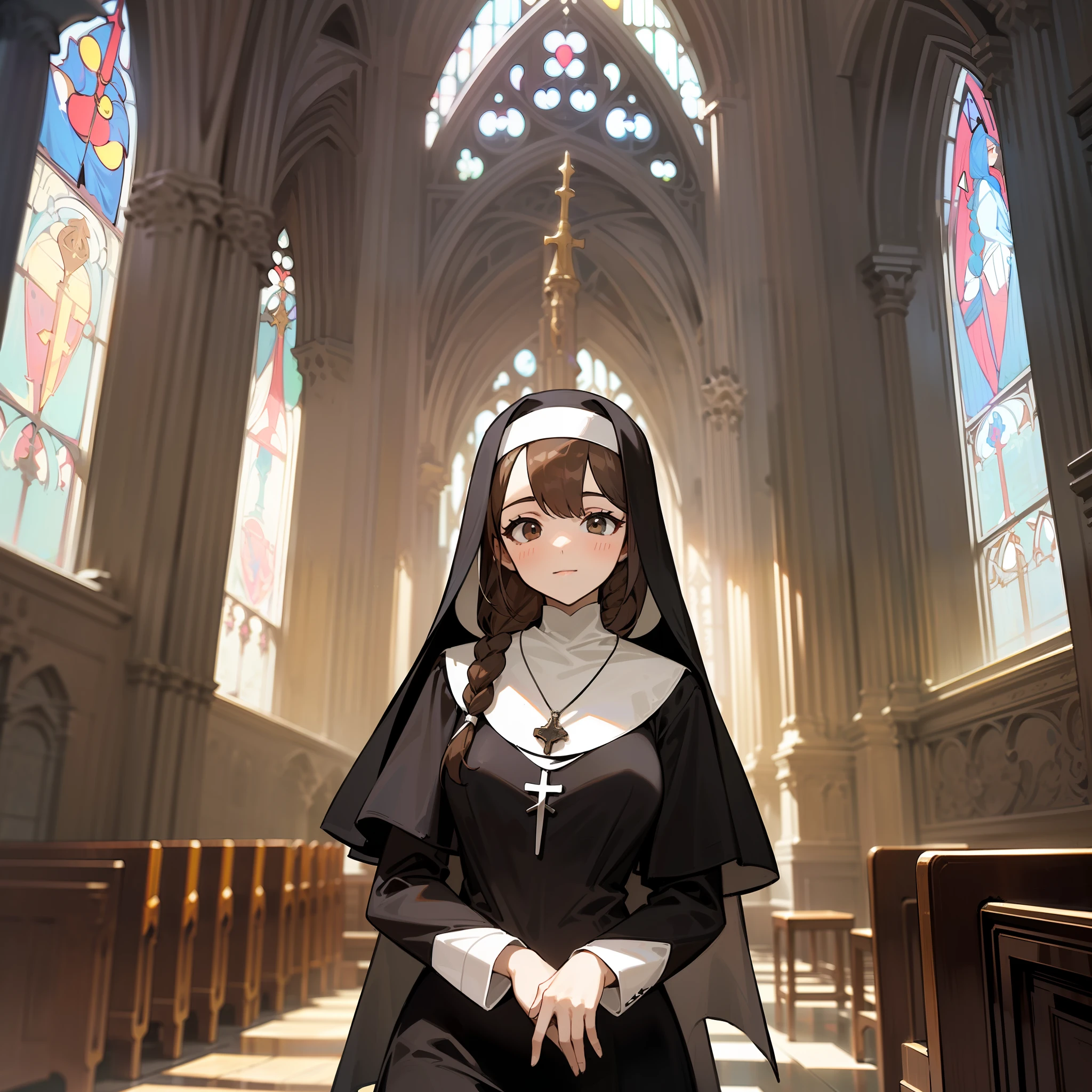 ((A Gothic Church+,Nun dress+:(Nun dress:1.2)+(Wear a platinum pendant:1.1)+(Twist long braids:1.1):(brown haired girls:1.1)),Sexy figure,head bowed slightly，The scene corridor transmits light,Cast dappled light and shadow through the carved windows)