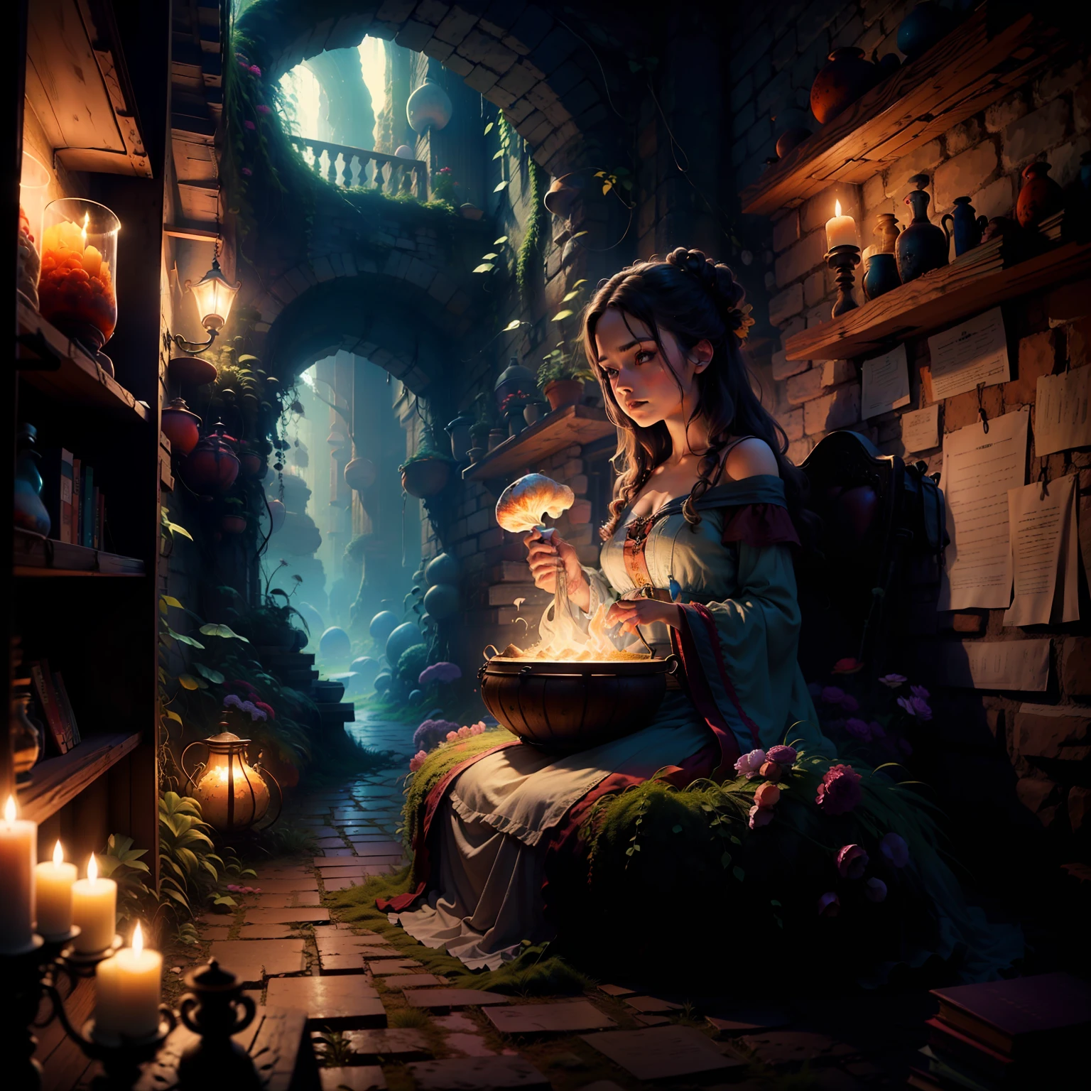 (extremamente detalhado CG unidade 8k papel de parede,master part, melhor qualidade, ultra-detalhado),(best ilumination, melhor sombra)(Pintura digital, obra-prima, alta qualidade, feita com cuidado, detalhes ultra detalhados: 1.3, magic lighting, profundidade de campo, Pinceladas delicadas, Fantastical Atmosphere, Ethereal aesthetics) Uma casa com portais dimensionais, mystical air, A Sorceress using a cauldron, a bookshelf full of potions, estante de livros.