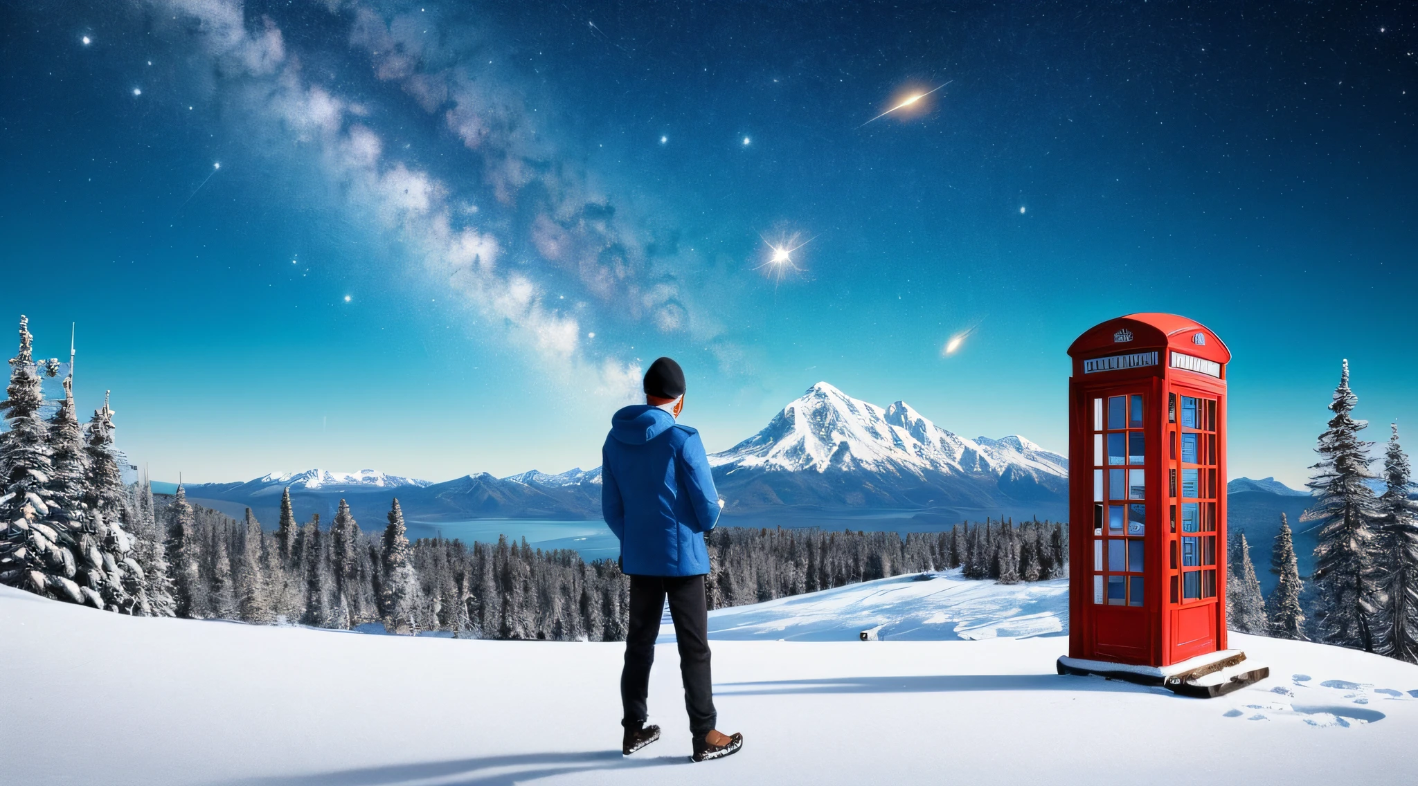 (Extreme Detail CG Unity 8K Wallpapers，tmasterpiece，Highest image quality)，starrysky，Snowy mountains in the distance，rivulets，Filter，Europeans，photorealestic，In the daytime，coziness，Wallpapers，bit girl，Blue cotton jacket，phone  booth，talking on phone，nevando，Raven stands on the phone booth，Wide-angle painting，meteors，Meniscus，Solitude， --auto