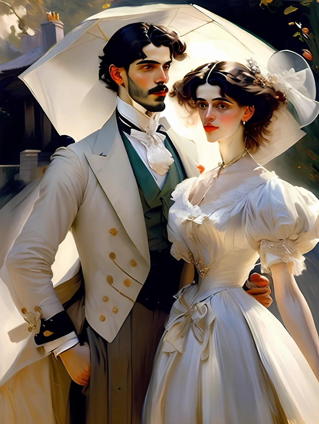 a painting of a handsome man and a insanely beautiful woman posing for a picture in front of a small french village background by John Singer Sargent, beautiful and rich, very well dressed, romantic aura, inspiring poses for couples.