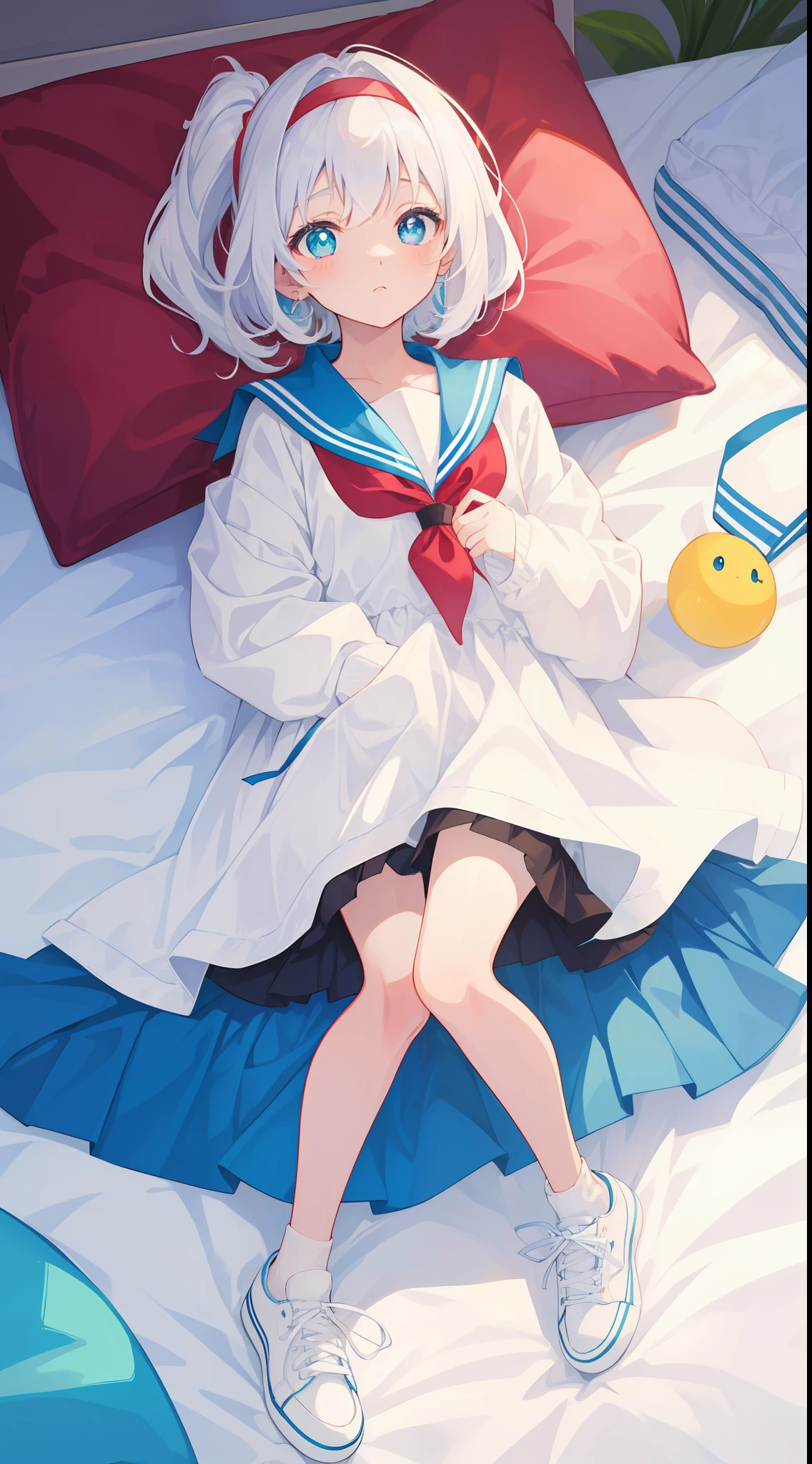 Anime characters with white hair and blue eyes, anime visual of a cute girl, Anime moe art style,Girl with short white hair, Shoujo white hair young anime girl, official character art,Heterochromic pupils,Wear high-top sneakers,White sailor suit,blue accents,red hairband,Lie down in bed,flatchest,Short ponytail hair,White high-top flats in hand,chiquita,fully body photo