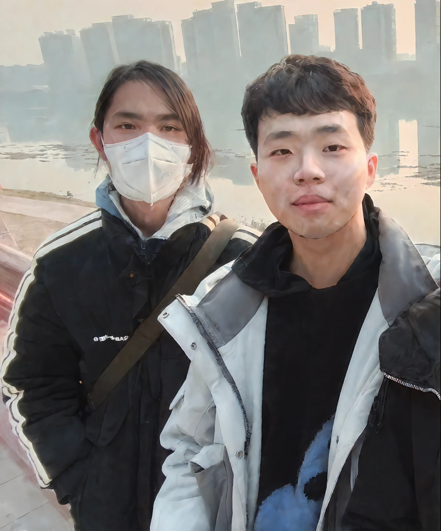 (Art HD 8,000 pixel selfie photo,Extremely realistic,scifi style,Mechanical armor,Transform people,mechs,robot,binh),(2 Young people,Wear a mask,Long-haired wolf-tailed boy in black mech,Equipped with mechanical masks,A curly-haired boy with a white mech,)