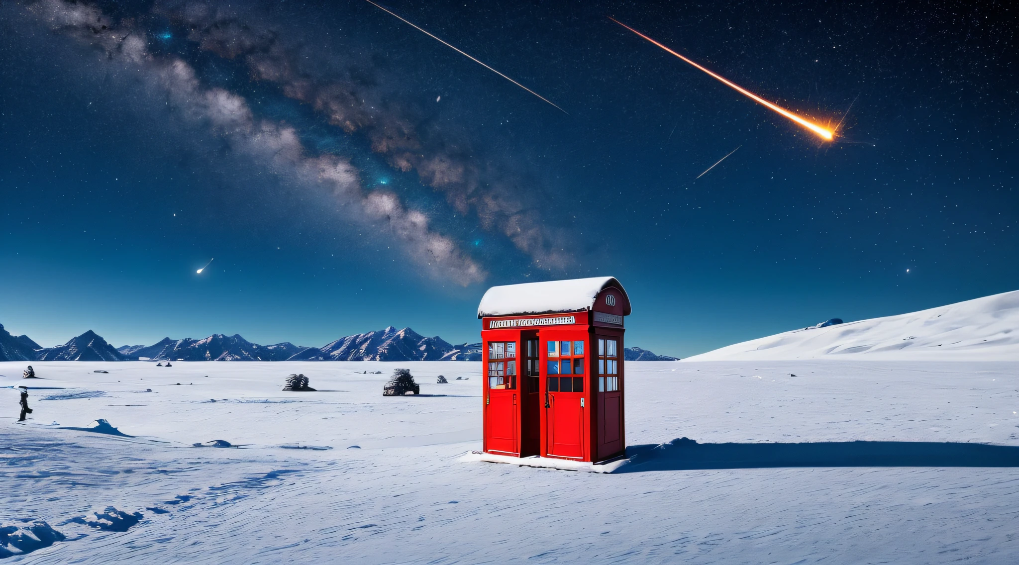 (Extreme Detail CG Unity 8K Wallpapers，tmasterpiece，Highest image quality)，starrysky，Snowy mountains in the distance，rivulets，Filter，Europeans，photorealestic，In the daytime，coziness，Wallpapers，bit girl，Blue cotton jacket，phone  booth，talking on phone，nevando，Raven stands on the phone booth，Wide-angle painting，meteors，Meniscus，Solitude， --auto