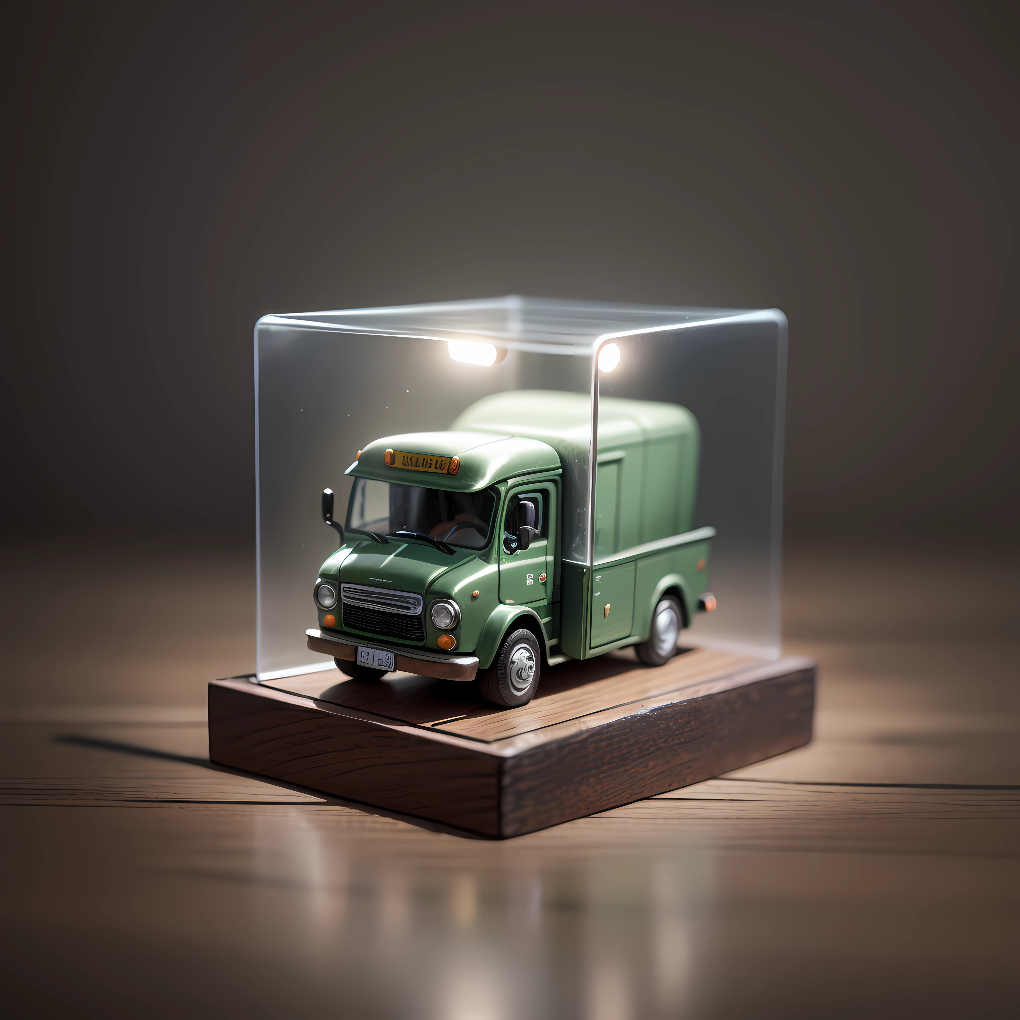 A small toy truck, inside a blind box, placed on a tiny pedestal, against a clean white background, illuminated by artificial light. The artwork is of top-notch photographic quality, capturing every intricate detail of the toy truck.