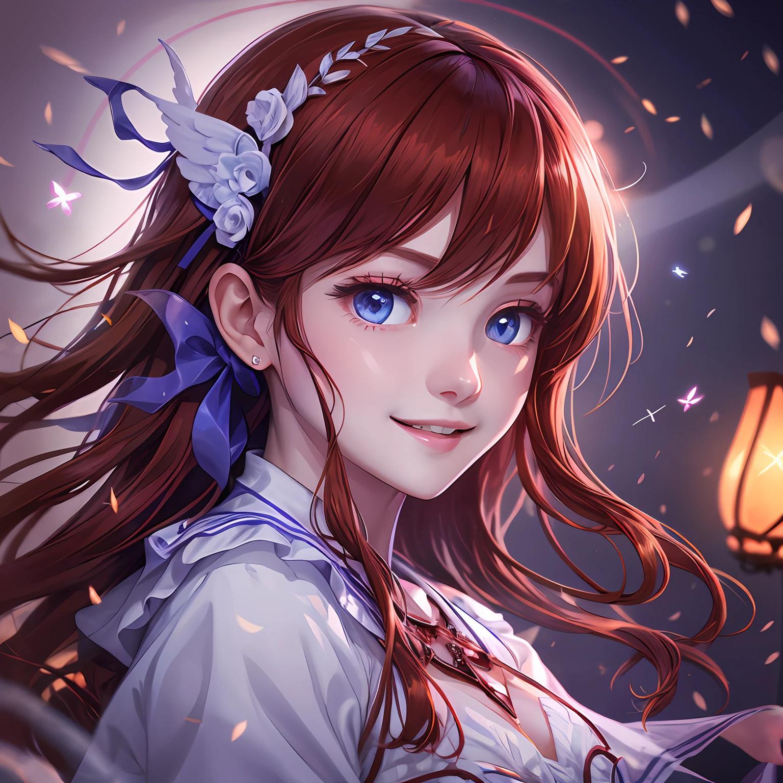 chies,Blonde girl,redhairband,黑The eye,Smiling。White and powerful wings,Fly in the air。White mech with blue lines,The patronus above the girl's head is as quiet as snow。Maiden in prayer。The light shines,The pigeons flew out。 --auto