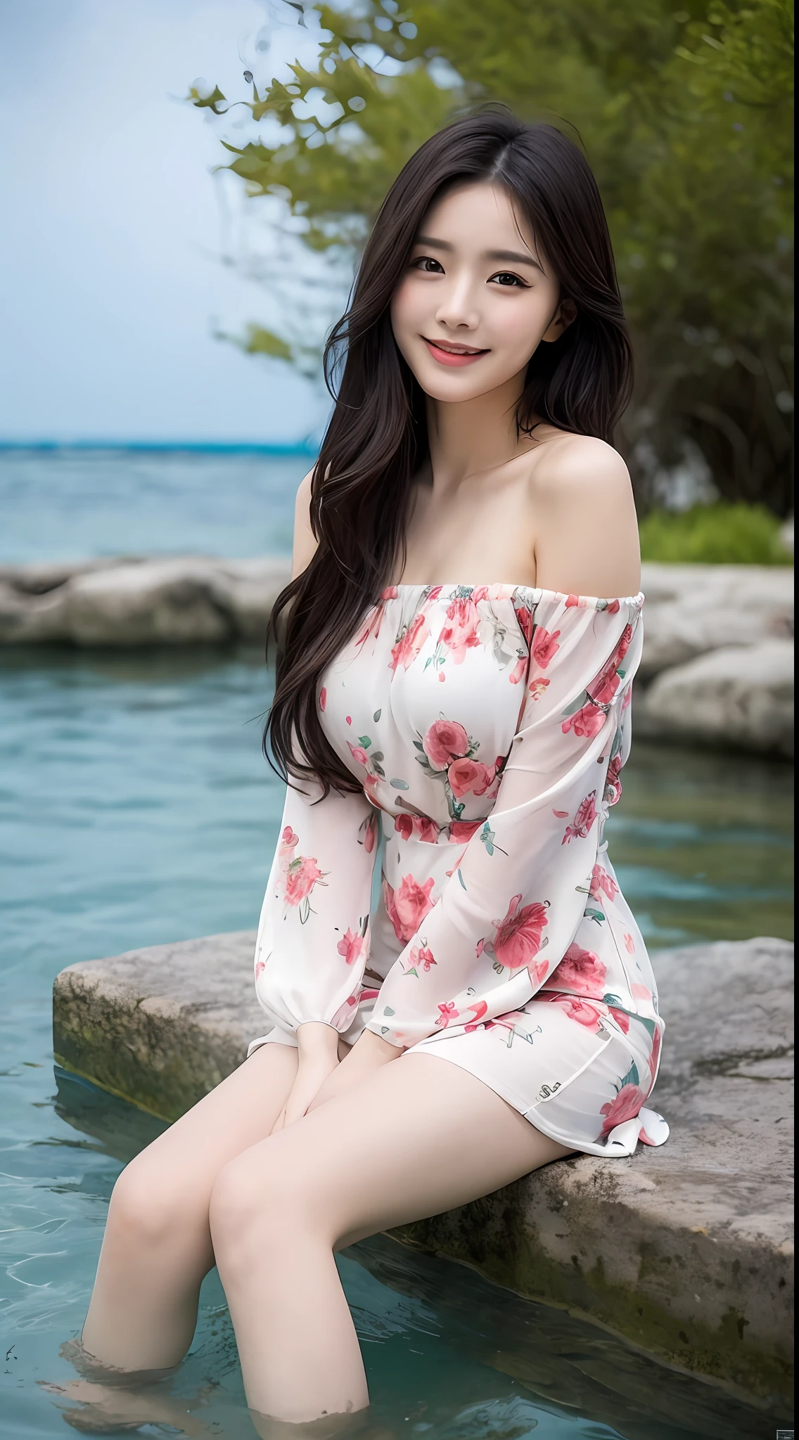 ((top-quality,8K,tmasterpiece:1.3)),focal:1.2,Perfect beauty:1.4,Essential,hindquarters:1.2,((Layered Hair Style,nedium breasts:1.2)),(wetclothes:1.1),(the sunset,the ocean:1.3),Off-the-shoulder floral dress:1.1,Highly Detailed Face and Skin Textur,Narrow eyes,二重まぶた,Whitens the skin,The long-haired,(Keep one's mouth shut:1.3),Smile with,The beauty is unreal,Hairstyling design,Long legs,looking at viewert,Delicate details,Bright eyes,light in face,Cinematic lighting,Sexy figure,Perfect body proportion,Blush,Black hair,Floating hair,(Long hair:1.3),Fake smile,Absolute field,Smooth skin,Expose legs,full body, ,Unity 8k wallpaper,Ultra detailed,Beautiful and aesthetic,Beautiful,Masterpiece,Sit sideways in the water,