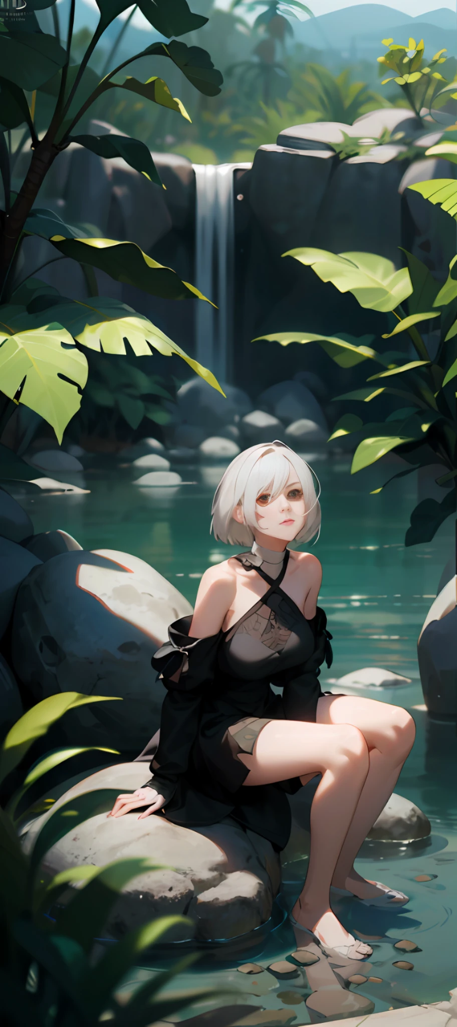 there is a woman sitting on a rock in a body of water, girl with white hair, anime. soft lighting, anime style. 8k, nier inspired, girl with short white hair, artwork in the style of guweiz, 8k portrait render, tifa lockhart with white hair, 2b from nier automata, 2 b from nier automata