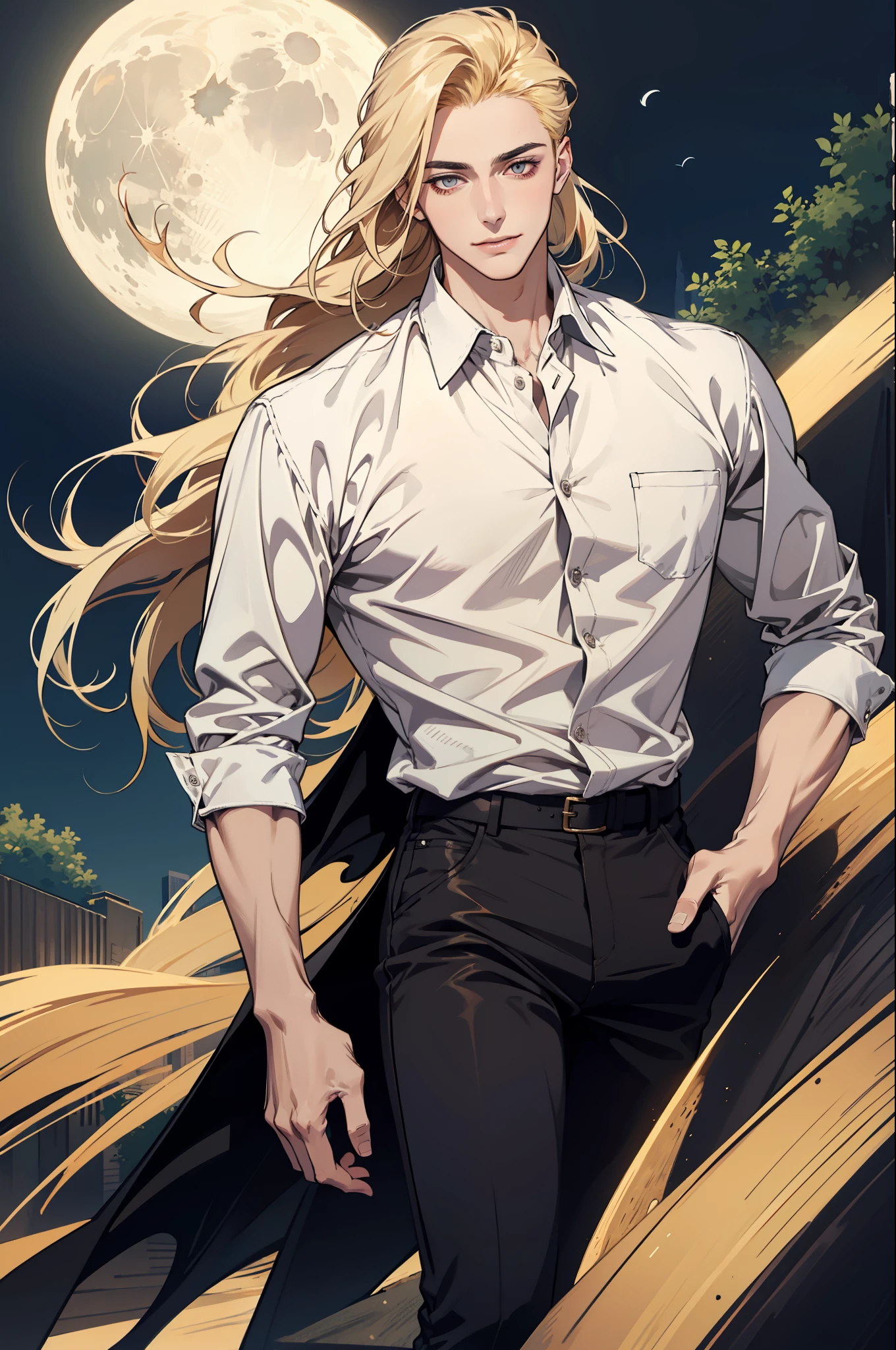 (absurdres, highres, ultra detailed), 1man, 30 years old man, adult man, handsome, tall,, finely detailed eyes and detailed face, leather pants, (((white shirt))), night, smile, dutch angle, ((long hair, blonde hair)), moon, gold details, gothic, vampire, vampire prince, dark, simple clothes, looking at the view, pale skin, red detailed eyes, (masculine), sexy, elegant, long bangs, detailed hands