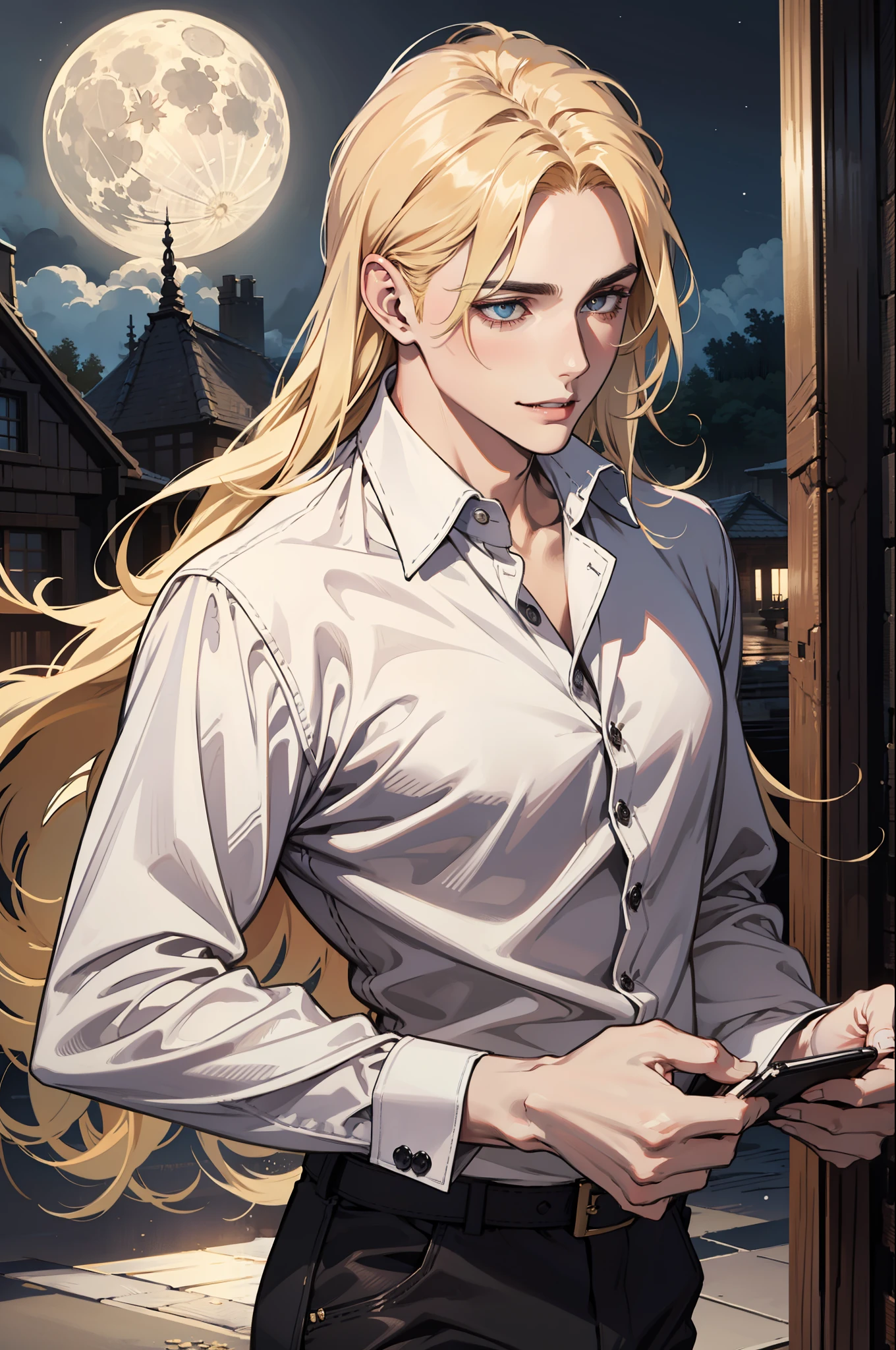 (absurdres, highres, ultra detailed), 1man, 30 years old man, adult man, handsome, tall,, finely detailed eyes and detailed face, leather pants, (((white shirt))), night, smile, dutch angle, ((long hair, blonde hair)), moon, gold details, gothic, vampire, vampire prince, dark, simple clothes, looking at the view, pale skin, red detailed eyes, (masculine), sexy, elegant, long bangs, detailed hands