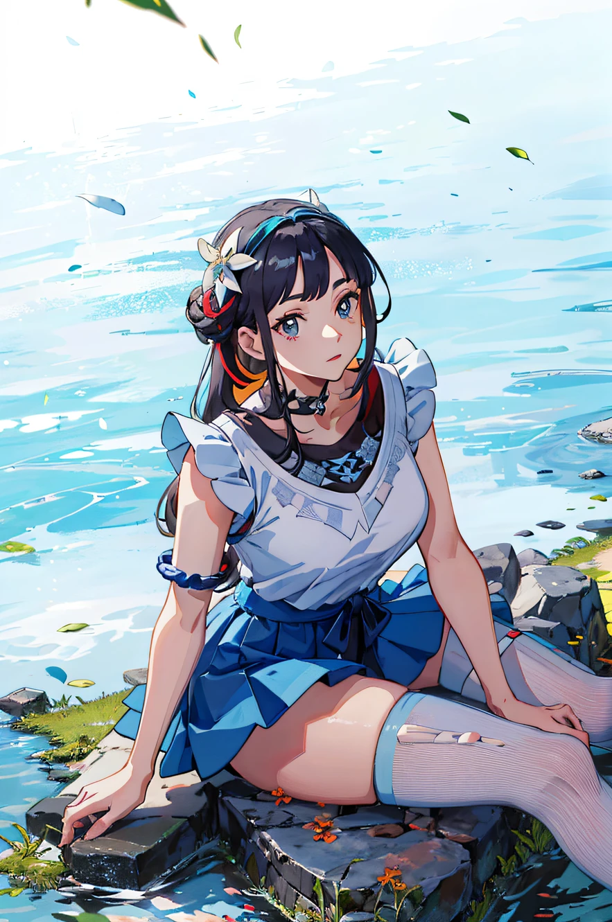 looks into camera,In an expressive manga style, Jagged edges, blue skirts,sentado em frente a um lago,Garland worn on the head,Floating hair,Detal Face, Nice face,character from pokemon, best qualtiy, 16k, Vivid colors, Detailed,Best quality