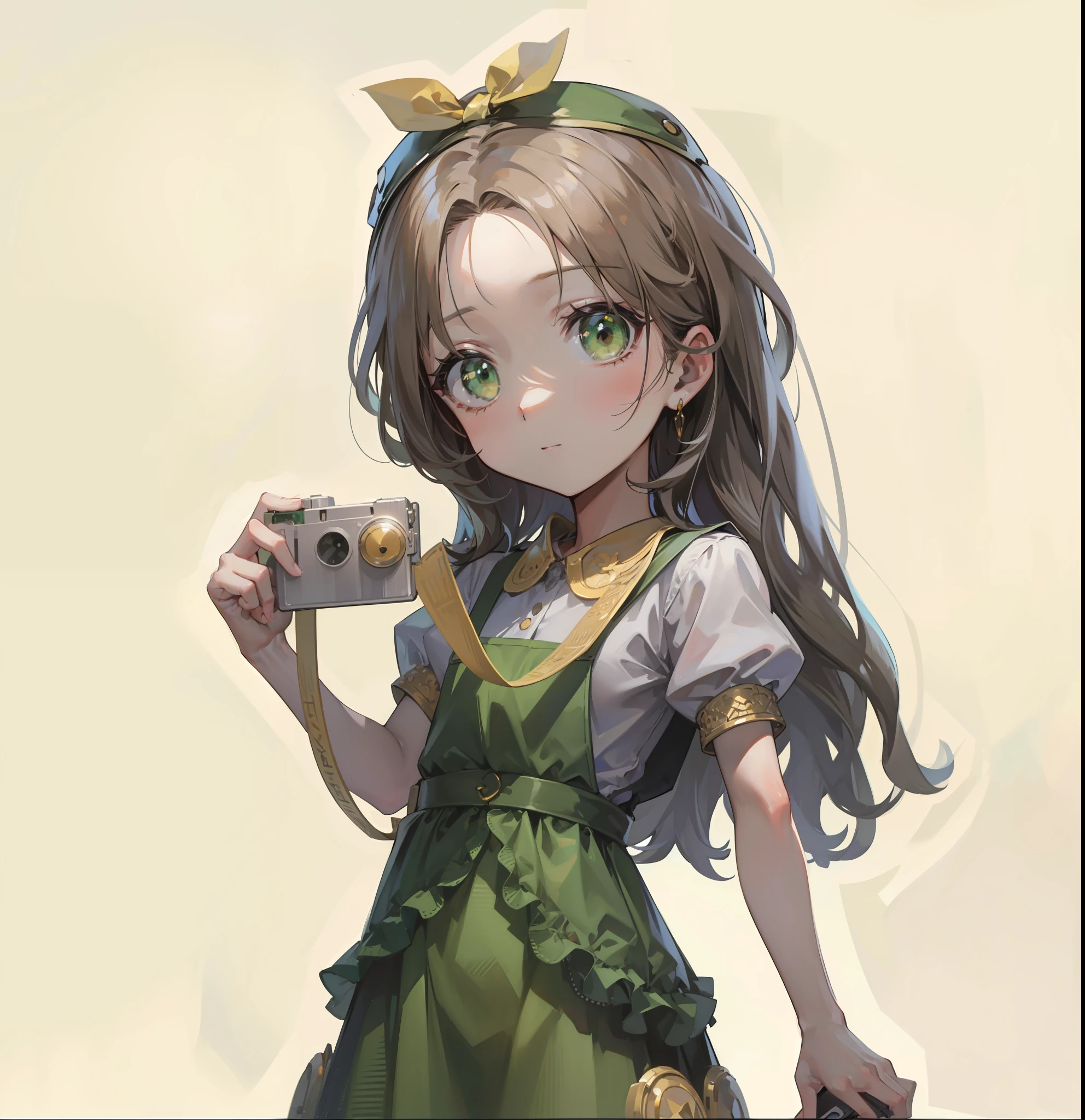 Highest image quality,Outstanding details,超高分辨率,(Fidelity:1.4),The best illustration,Perfect detail rendering,A little girl in green suspenders,adolable,Hold the camera in hand