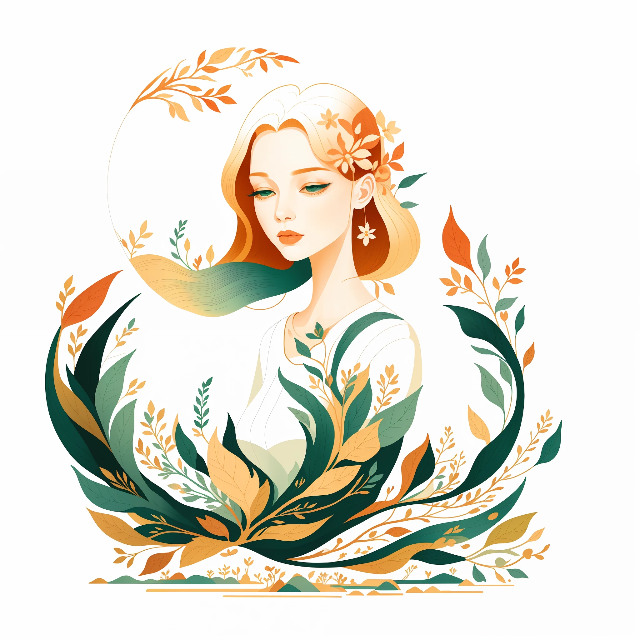 (Illustration:1.3) dryad, isolated on empty pure white background(3)(by Artist Anna Dittman:1), (((masterpiece))), (((best quality))),((an extremely delicate and beautiful)), flat illustration