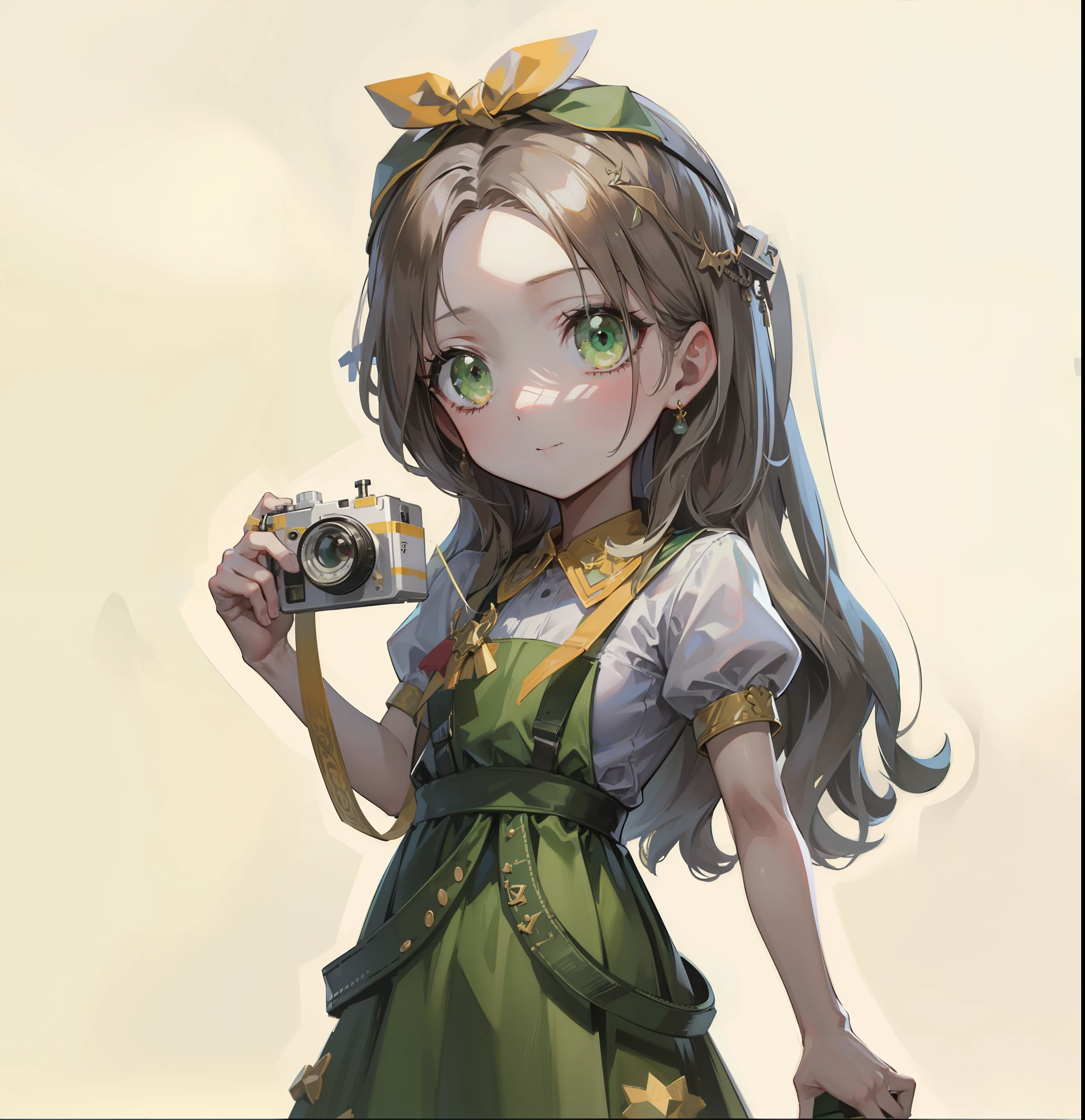 Highest image quality,Outstanding details,超高分辨率,(Fidelity:1.4),The best illustration,Perfect detail rendering,A in green suspenders,adolable,Hold the camera in hand