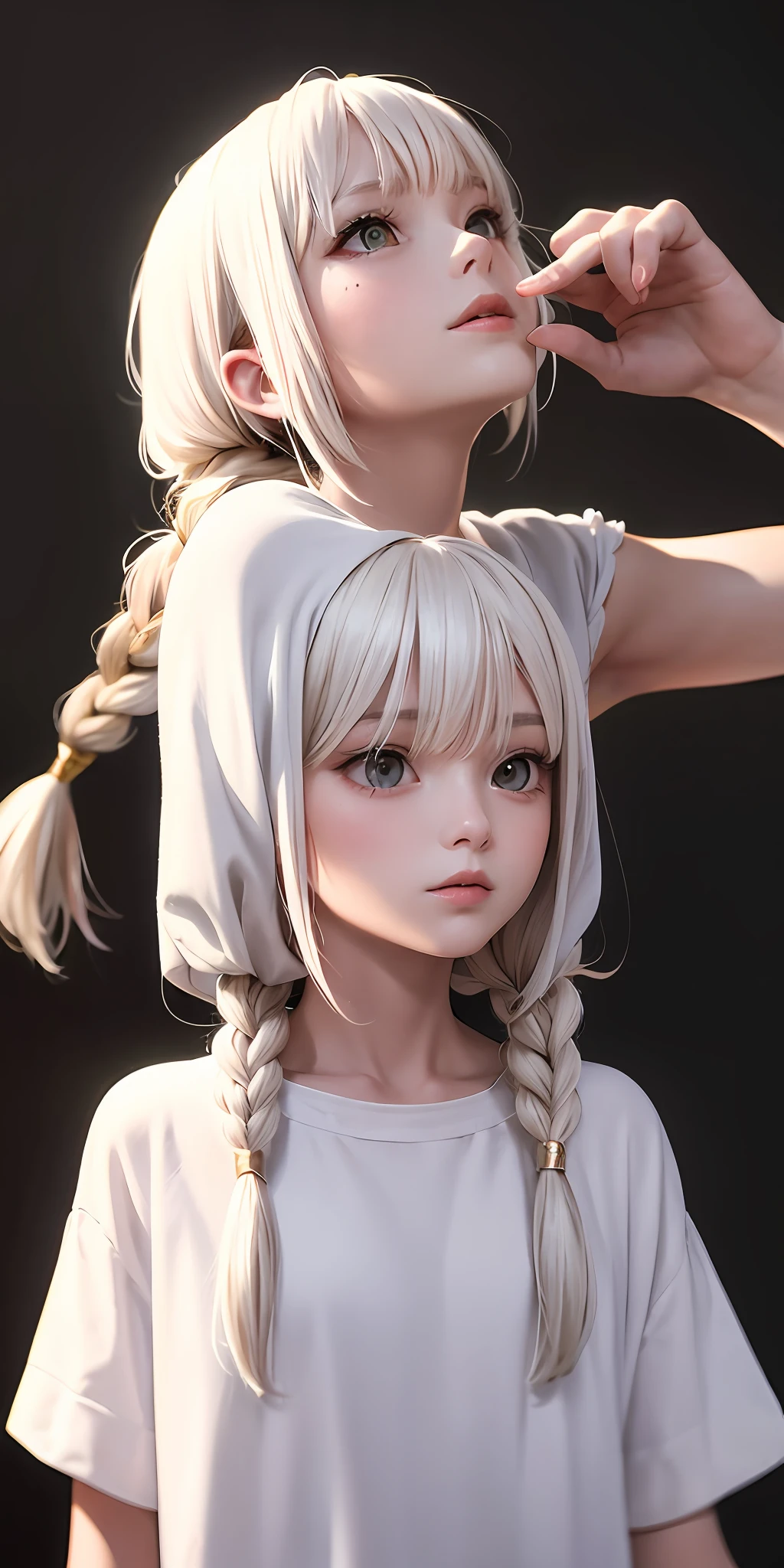 best quality, masterpiece,white hair, gold eyes,white clothes, looking up, upper body,hair strand,Fair skin,side braids