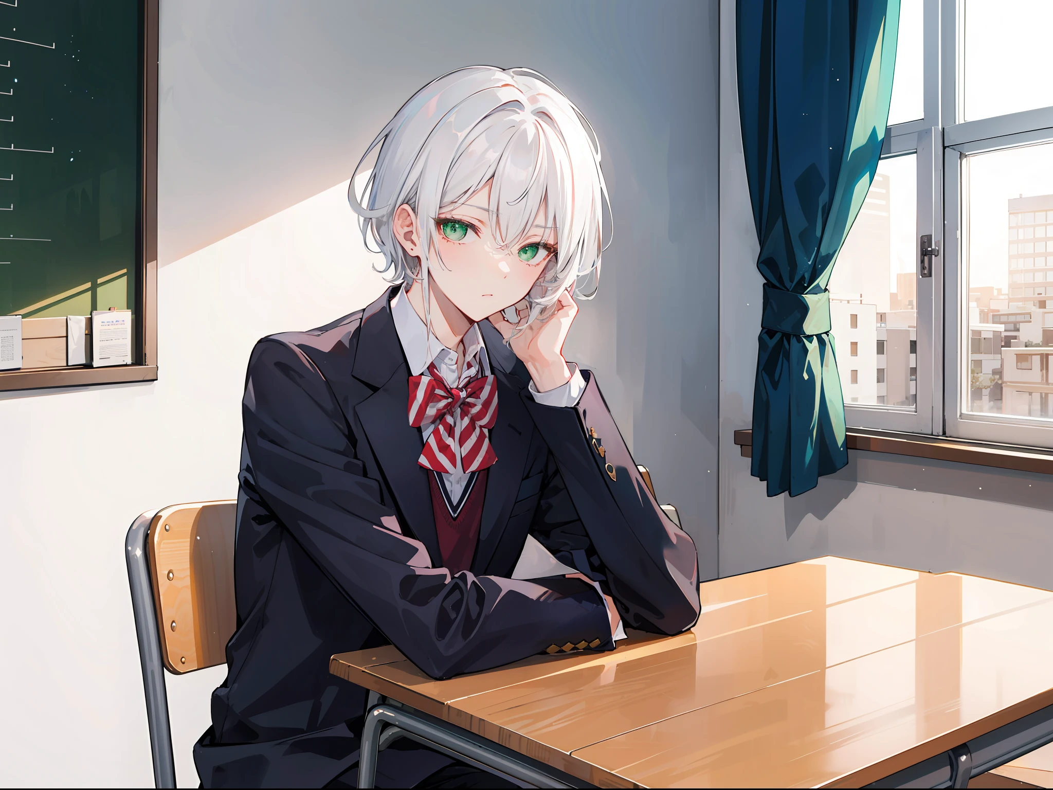 "Warm classroom night atmosphere, stunning 4k artwork featuring a confident one man with short modern style white hair. His green eyes so charmfull. He was wearing white school uniform. He sat on a bench in the classroom and looked sleepy"