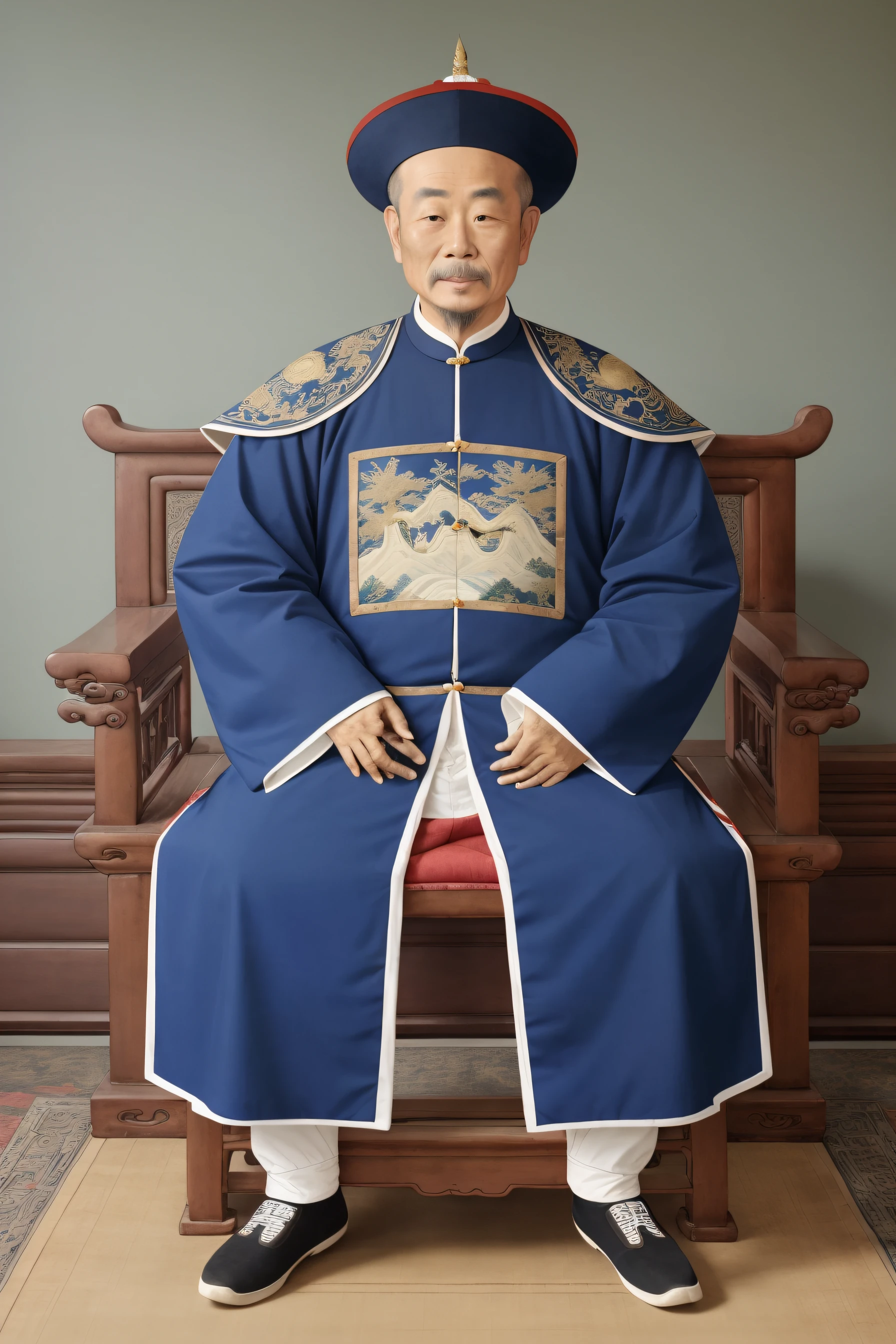 best quality, highres, 1 man sitting, qingstyle, full body, blue Chinese clothes, qing dynasty official hat, front view,
