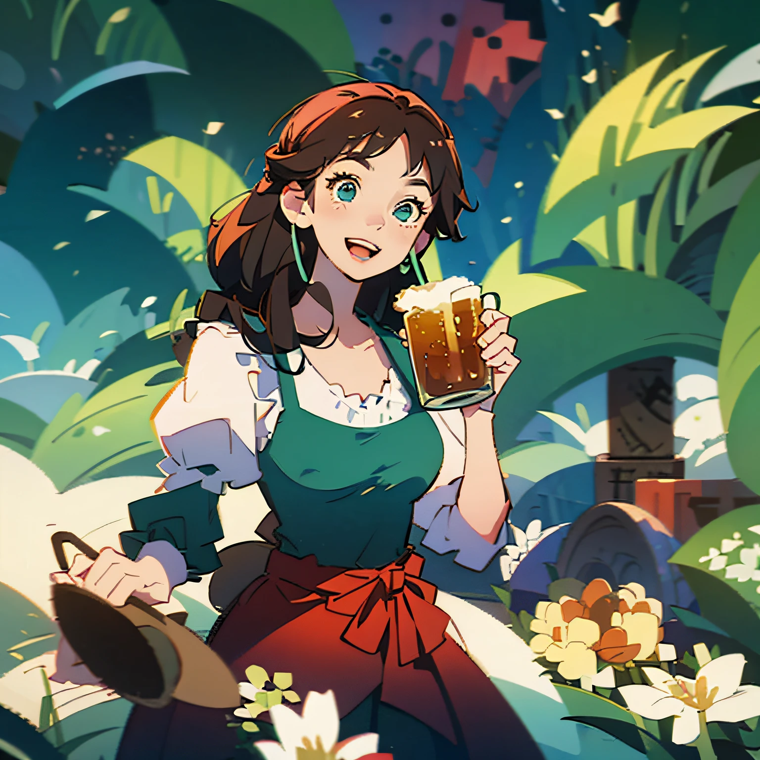 Uma mulher loira, with a mug of beer in hand, usando Dirndl, Traditional Germanic clothing, nas cores vermelho e verde, detalhes intricados, meio corpo, pequeno sorriso, fundo cinza, estilo cartoon