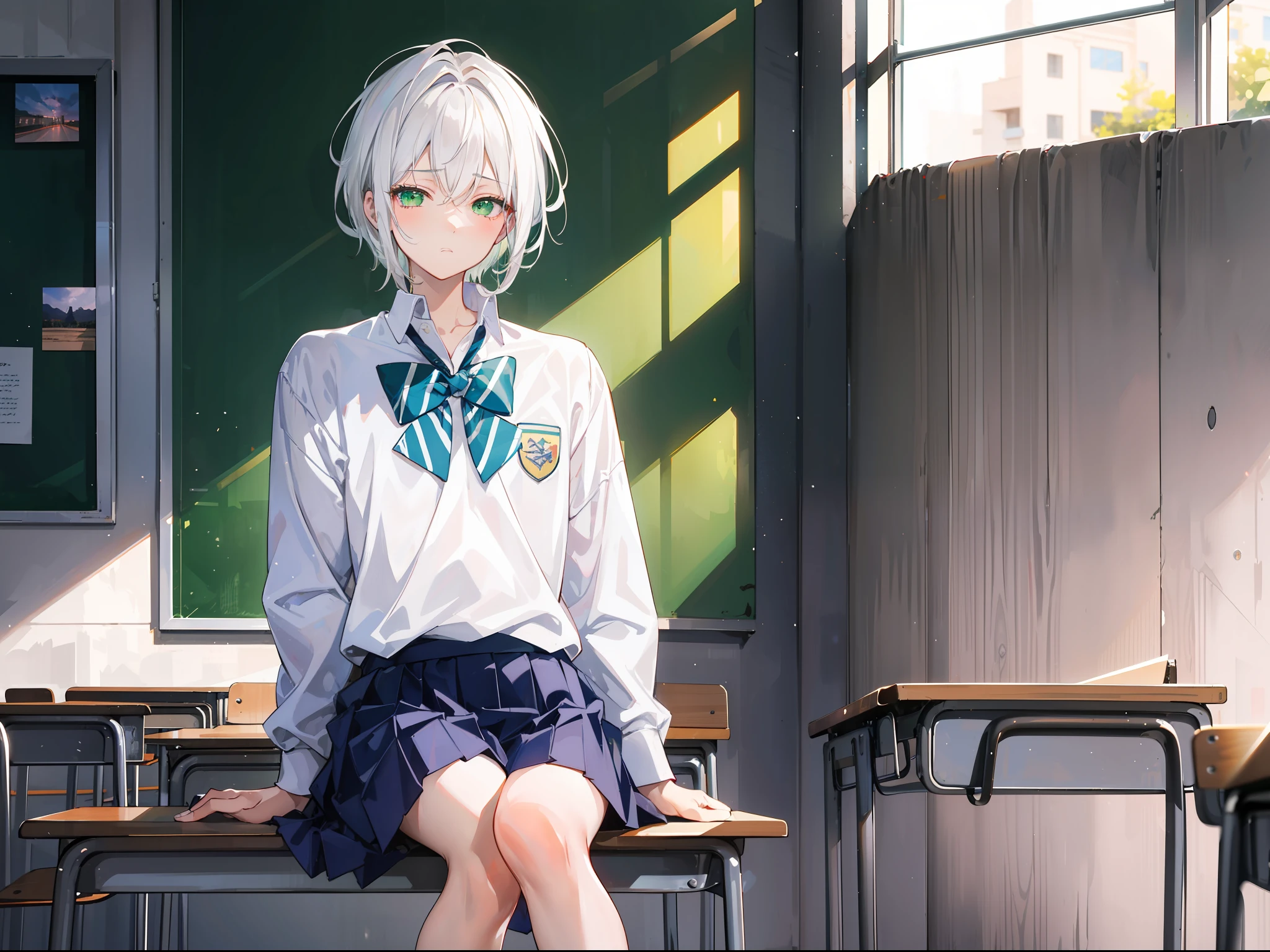 "Warm classroom night atmosphere, stunning 4k artwork featuring a confident one man with short modern style white hair. His green eyes so charmfull. He was wearing white school uniform. He sat on a bench in the classroom and looked sleepy"