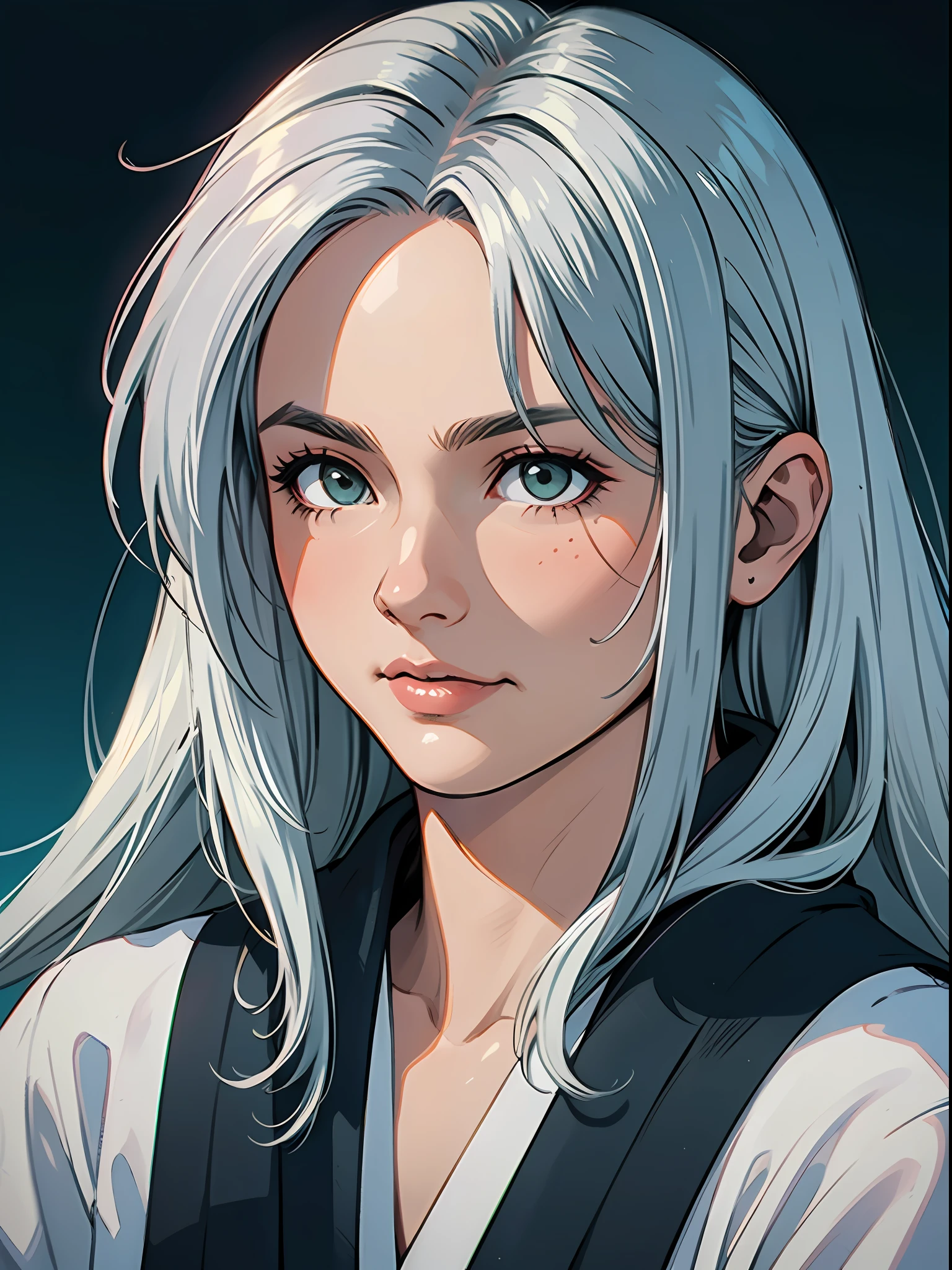 (masterpiece), best quality, sephiroth, masculine detailed hair detailed face, 1 man, man only, solo, close-up portrait, narrow perspective, perfect masculine face, very charming man, traditional hakama samurai kimono, silver white hair, very long hair, green eyes