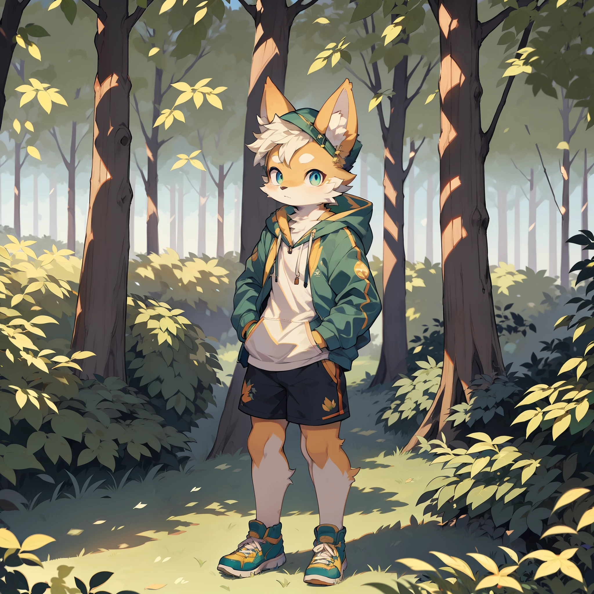 shota,furry,cute,lovely,yellow fur,white ears,blue eyes,green hoodie,navy blue shorts,warm lights,daytime,fantastic shadow light,maple trees,maple leaves.shadow,nature,grass,flat