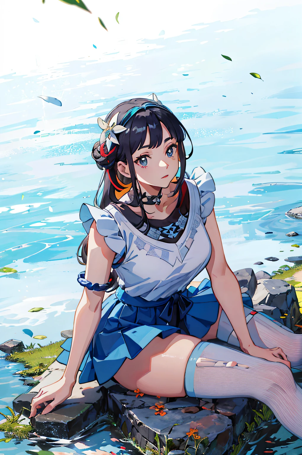looks into camera，In an expressive manga style, Jagged edges, blue skirts，sentado em frente a um lago，Garland worn on the head，Floating hair，Detal Face, Nice face，character from pokemon, best qualtiy, 16k, Vivid colors, Detailed,Best quality