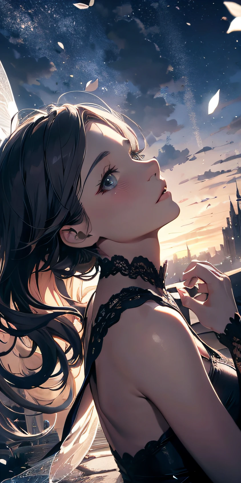 Lyrical story，with petals falling，The clouds are thick，Fairy air fluttering，Up to 8K detailed graphics，Authentic scene atmosphere，A fairy waited quietly。Beautiful and delicate skin，Sexy posture，Perfect girl charm，She looked up at the black and white starry sky。Looks sad，It was as if she was waiting for something。