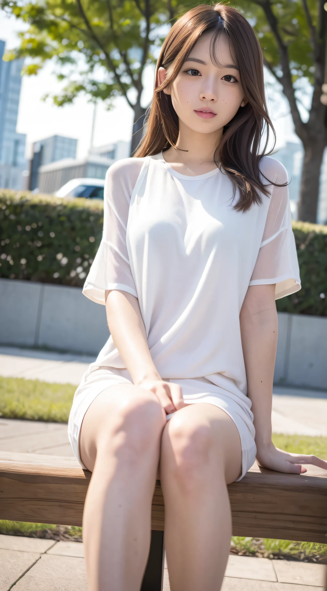 mix4, 20 days, Solo, Long_Hair, Nanase Nishino, Haruka Kaki, park, bench, Seated, (8K, RAW photography, Best quality, Masterpiece:1.2), (Realistic, Photorealistic: 1.37), Professional lighting, photon maping, Radio City, physically-based renderingt