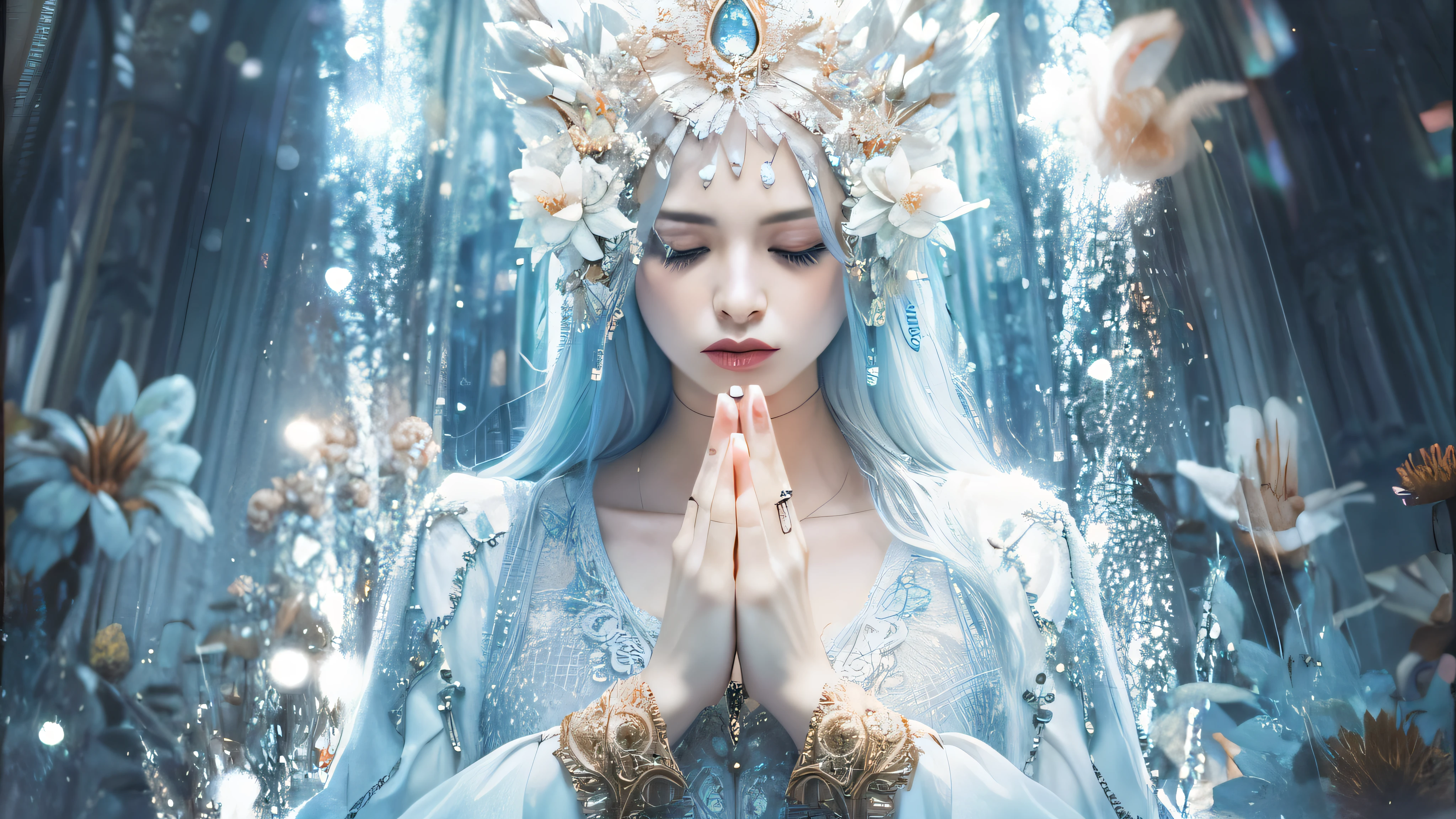 a woman with blue hair and a crown on her head, deusa do inverno, Bruxa Frost Antiga Bonita, ethereal beauty, Fae Sacerdotisa, Ethereal Fantasy, deusa. Detalhes extremamente altos, Rainha do Inverno, rainha do gelo, Sacerdotisa elfa, ((uma bela imperatriz fantasia)), Um retrato impressionante de uma deusa, Deusa da sabedoria, A Alta Sacerdotisa --auto