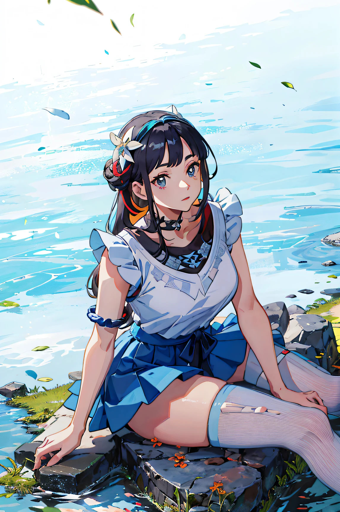 looks into camera，In an expressive manga style, Jagged edges, blue skirts，sentado em frente a um lago，Garland worn on the head，Floating hair，Detal Face, Nice face，character from pokemon, best qualtiy, 16k, Vivid colors, Detailed,Best quality