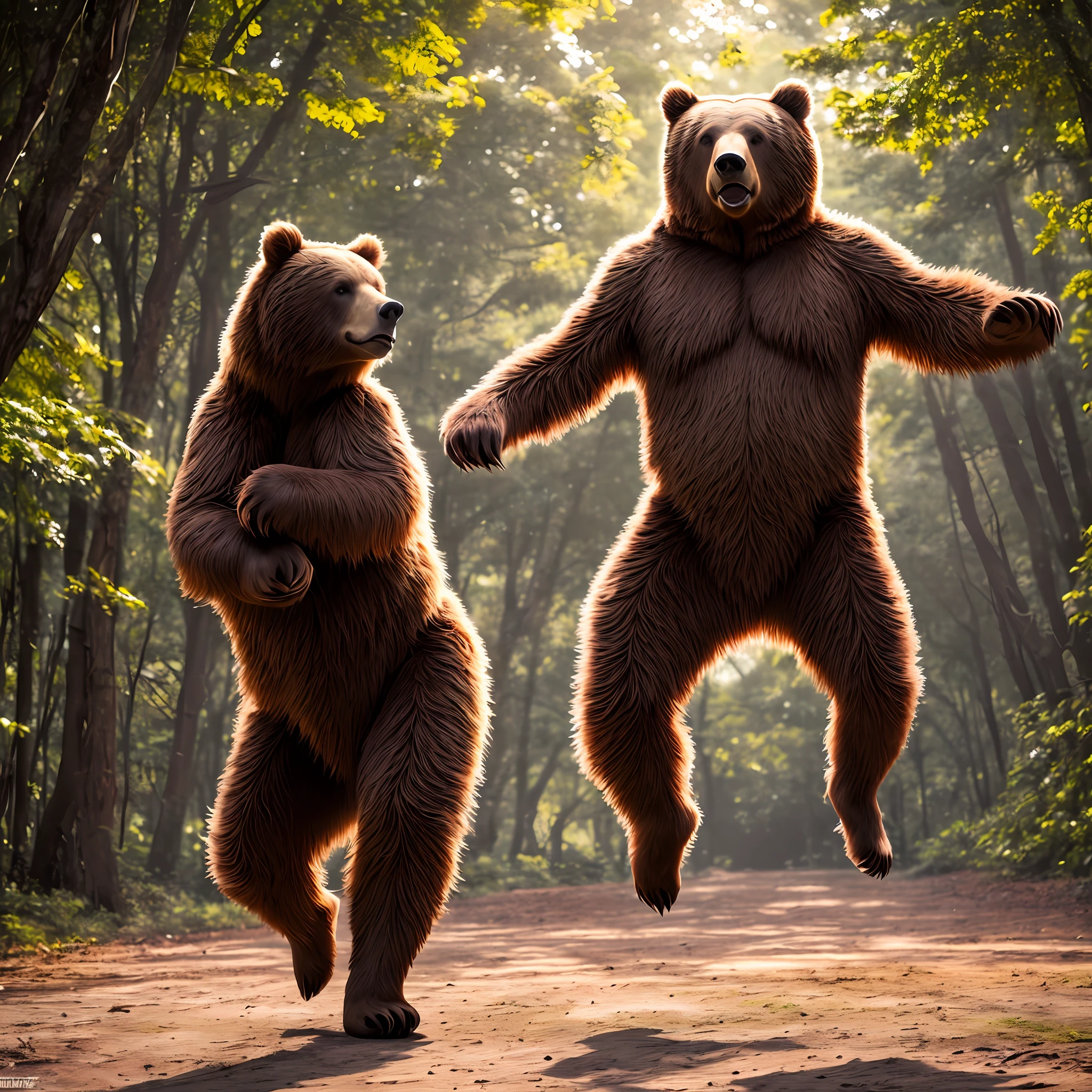 "A dancing bear, realista, 4k, alta resolução, movimento fluido, dramatic, perfect lighting, pelo macio, natural and vivid environment". --auto