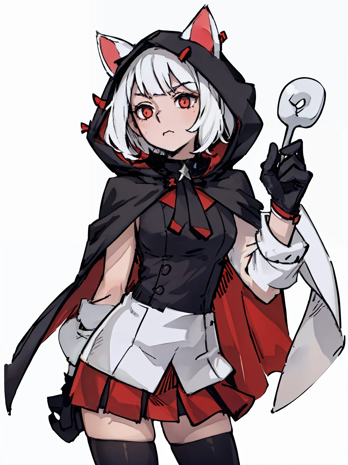 A girl,White color hair,((Black cape),(Cat ear hood), (Red lining),(short skirt)), Half-body standing, White background