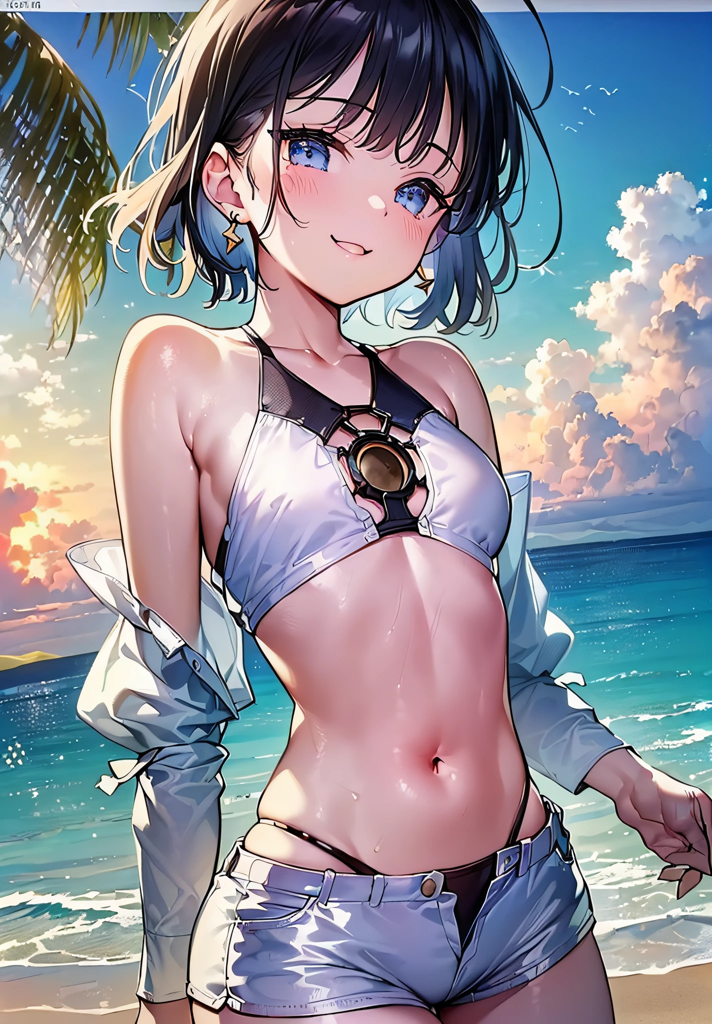 (((Masterpiece)), (((Highest Quality)), (((Very delicate and beautiful)), (Highly detailed CG Unity 8K wallpaper: 1.3), Very delicate light, (Backlight), (Steampunk),
/=、
(Cowboy Body)), (1 Loli: 1.3), Solo, (Petite), (Small), White Swimsuit, High Waist Shorts, White Hair, Blue Eyes, Earrings, (Wavy Curly Short Hair), (Ahoge), (Cute Face: 1.114), (Fine Eyes: 1.15), (Cute Face: 1.114)
, (beautiful fine eyes and beautiful face: 1.15),
The girl is smiling and looks happy in a beautiful tropical landscape. Behind her, the sun is setting, casting a warm glow on the scene, creating a dreamy atmosphere. In the distance, palm trees sway in the breeze, creating a leisurely retro atmosphere, such as sand, sun, beach, sea, horizon, etc.
Highly detailed ray tracing