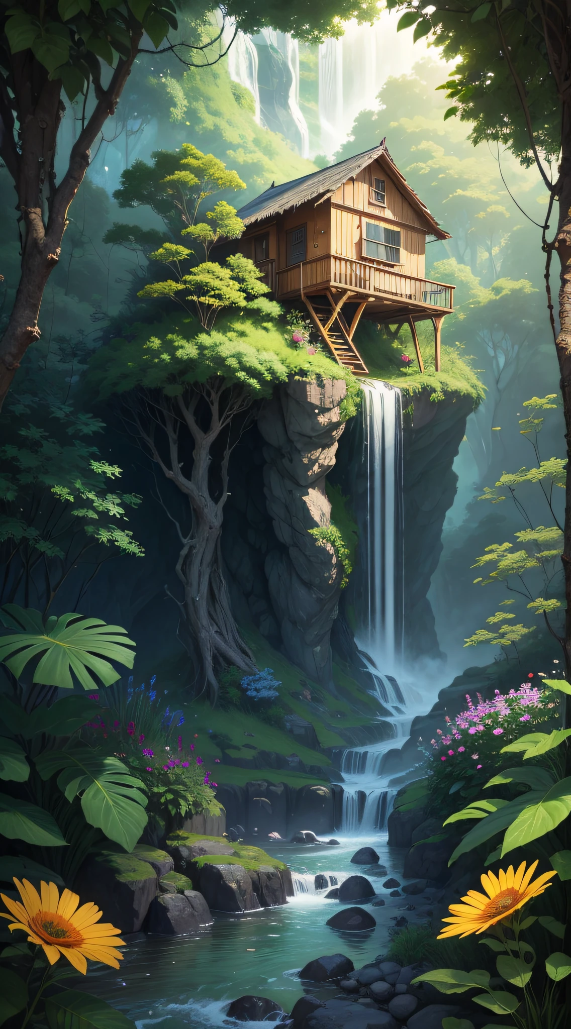 jungle, waterfall, surrounded with wild flowers. a tiny hut with a person standing on its porch, viewed from afar. masterpiece, best quality, high detailed