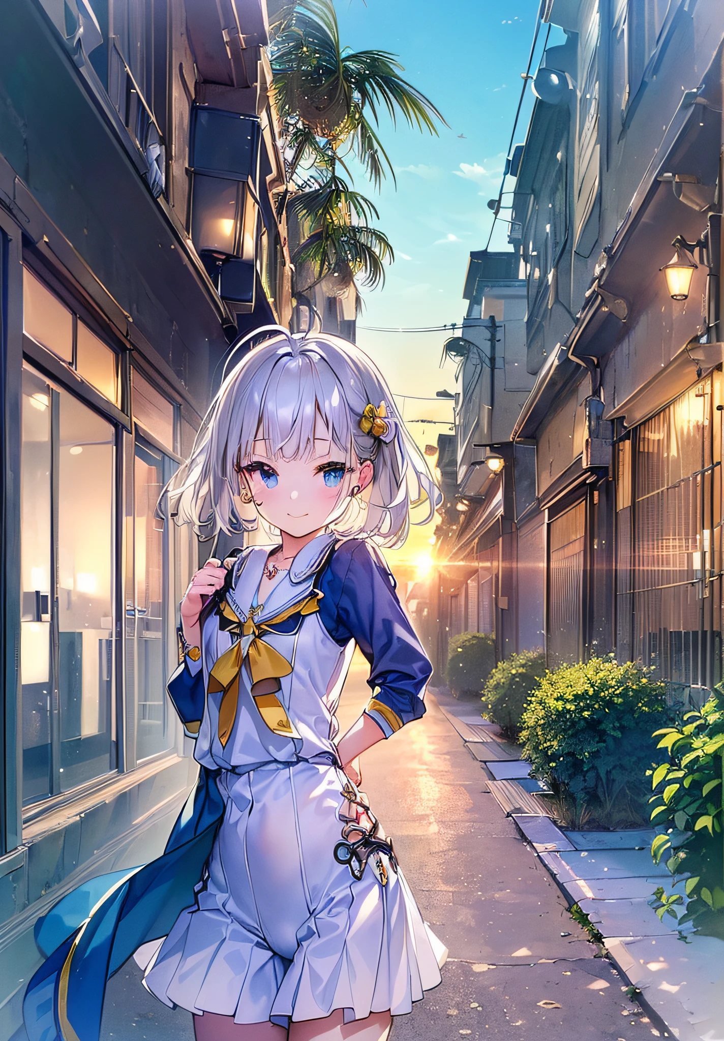 (((Masterpiece)), (((Highest Quality)), (((Very delicate and beautiful)), (Highly detailed CG Unity 8K wallpaper: 1.3), Very delicate light, (Backlight), (Steampunk),
/=、
(Cowboy Body)), (1 Loli: 1.3), Solo, (Petite), (Small), White Swimsuit, High Waist Shorts, White Hair, Blue Eyes, Earrings, (Wavy Curly Short Hair), (Ahoge), (Cute Face: 1.114), (Fine Eyes: 1.15), (Cute Face: 1.114)
, (beautiful fine eyes and beautiful face: 1.15),
The girl is smiling and looks happy in a beautiful tropical landscape. Behind her, the sun is setting, casting a warm glow on the scene, creating a dreamy atmosphere. In the distance, palm trees sway in the breeze, creating a leisurely retro atmosphere, such as sand, sun, beach, sea, horizon, etc.
Highly detailed ray tracing