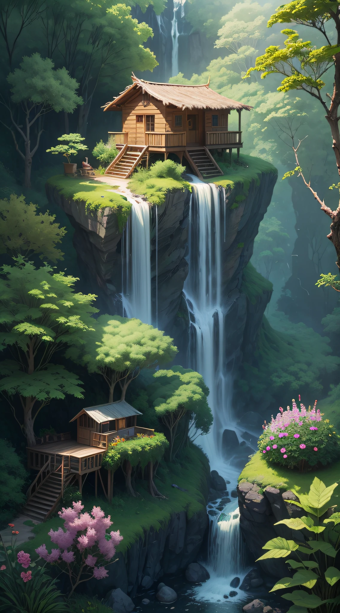 jungle, waterfall, surrounded with wild flowers. a tiny hut with a person standing on its porch, viewed from afar. masterpiece, best quality, high detailed