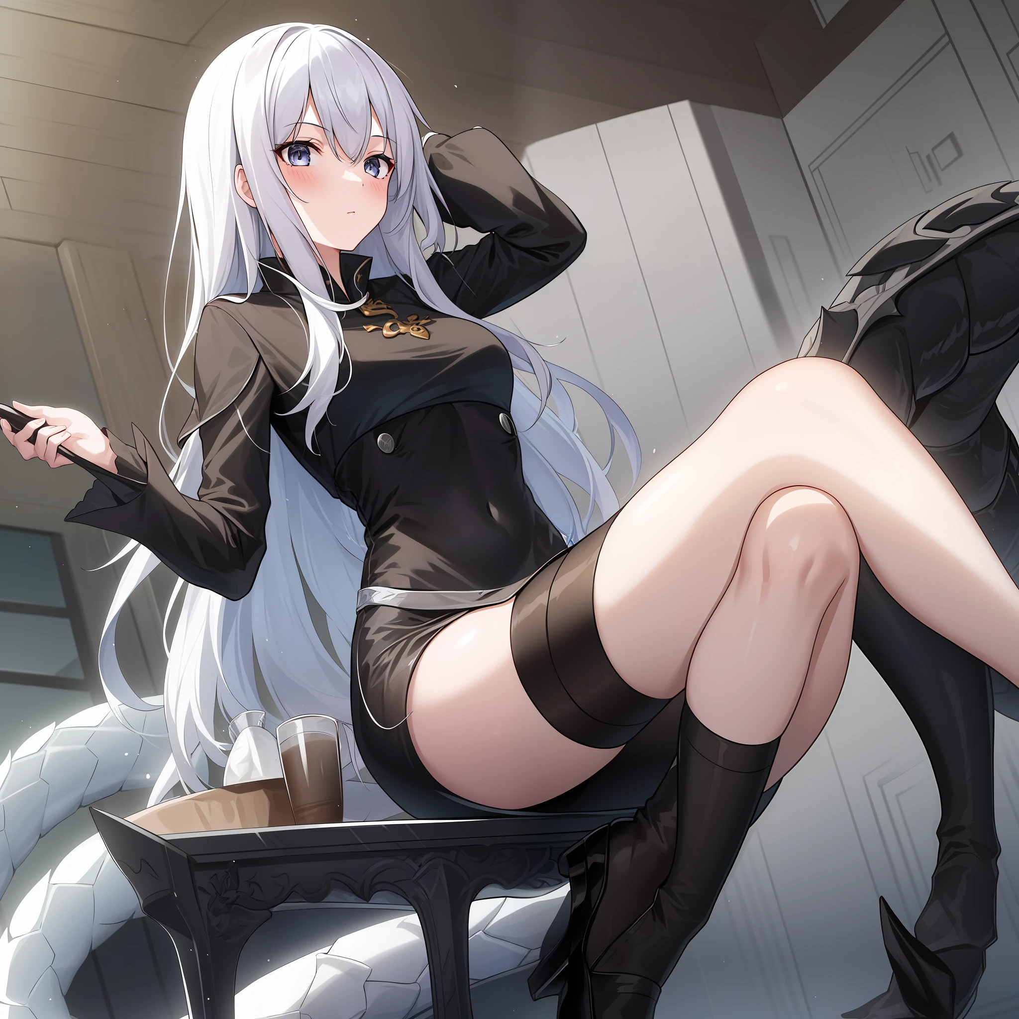 A girl, dragon, white colored hair, black clothing, Silver eyes