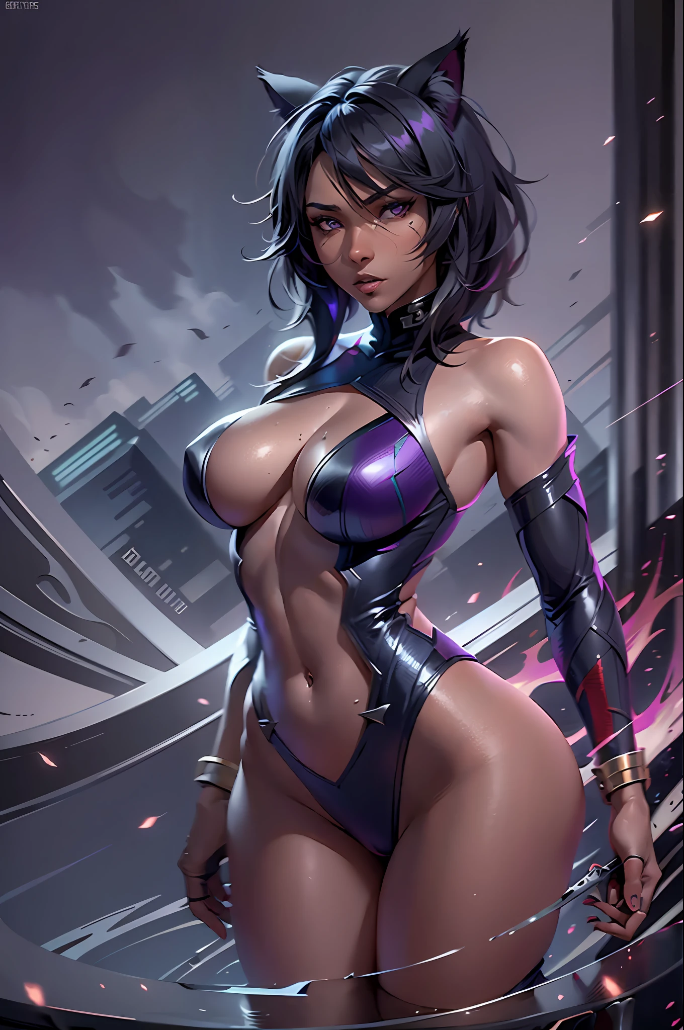 Masterpiece, Excellent, 1girl, solo, complex details, color diffusion, comic book, anime, marvel, DC, catgirl, dark skin, ebony, brown skin, dark-skinned female, thighs, cat ears, dark hair, black hair, purple eyes, skimpy attire, epic attire, assassin, badass, deadly but sexy, trending, demon, goddess