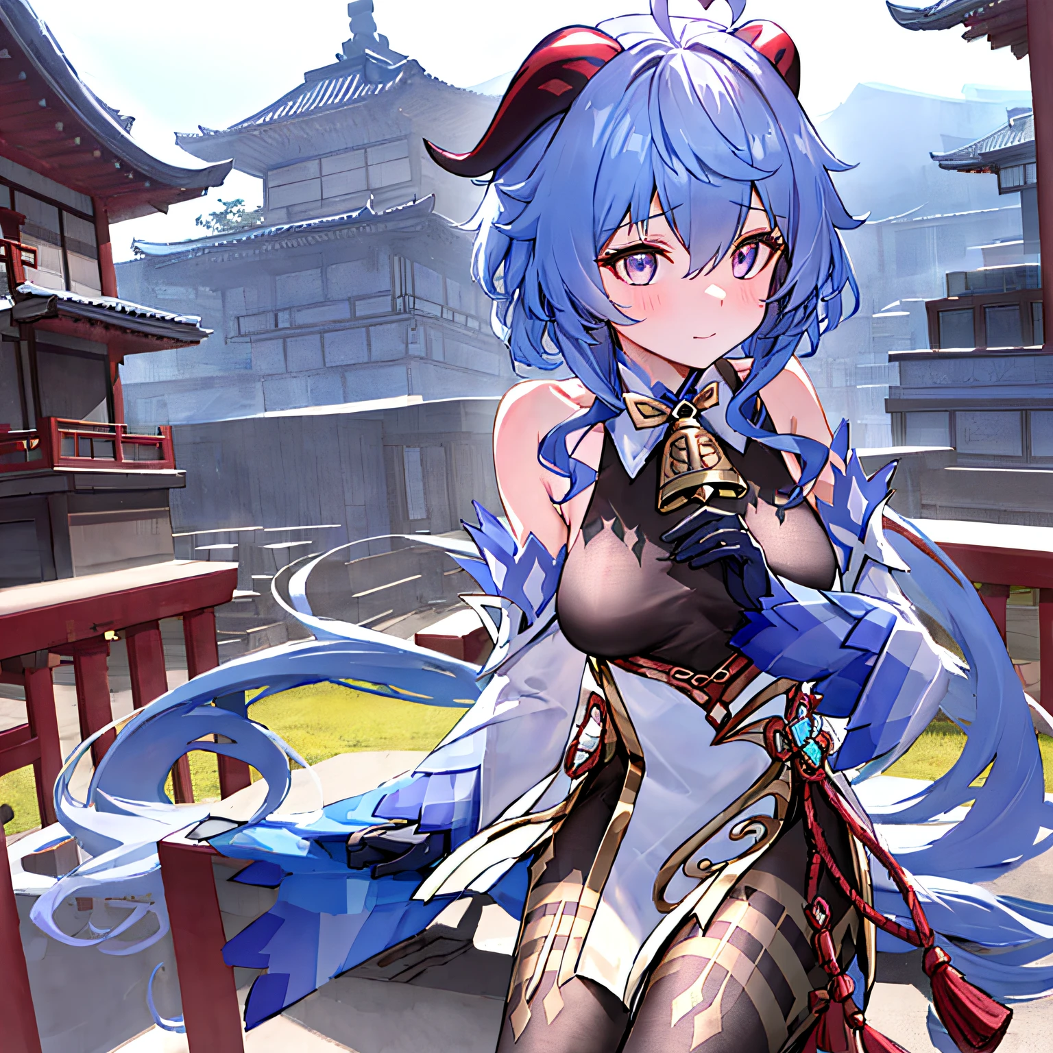 ganyu\(genshin impact\), 1girl, ahoge, architecture, bangs, bare shoulders, bell, black gloves, black tights, ((blue hair), blush, breasts, chinese knot, sleeve, East Asian architecture, flower knot, glove, horn, long hair, looking at the audience, medium chest, neckbell, night, outdoor, pantyhose, purple eyes, sideburns, solo, tassels, white sleeves, ((masterpiece))