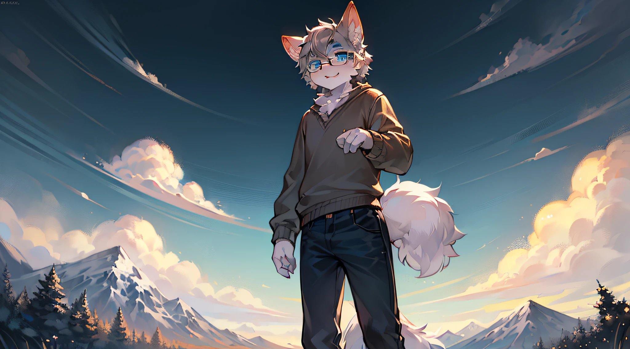 tmasterpiece,High-quality portraits,abstract res,digitial painting(anthro,Fluffy fur,Character focus),anthro male wolf, short detailed hair, eyes with brightness, in a panoramic view, Character focus,shaggy, shaggy male, (Full Body Furry, Fluffy tail, White fur, blue color eyes, Gray hair,having fun,Erect ears), (long canines、)夏天,grassy fields,A few small flowers,clear lakes,sheeps,a paradise,Large clouds,blue-sky,scorching weather,high definition detail,Hyper-detailing,cinematic ligh,ultra-realistic realism,the soft light,Deep field focus bokeh,The vista in the distance is snow-capped mountains,Ray tracing and surrealism、shorter pants,white short socks,White casual shoes,gray sweaters,Black glasses,Super cute face,posing on a,