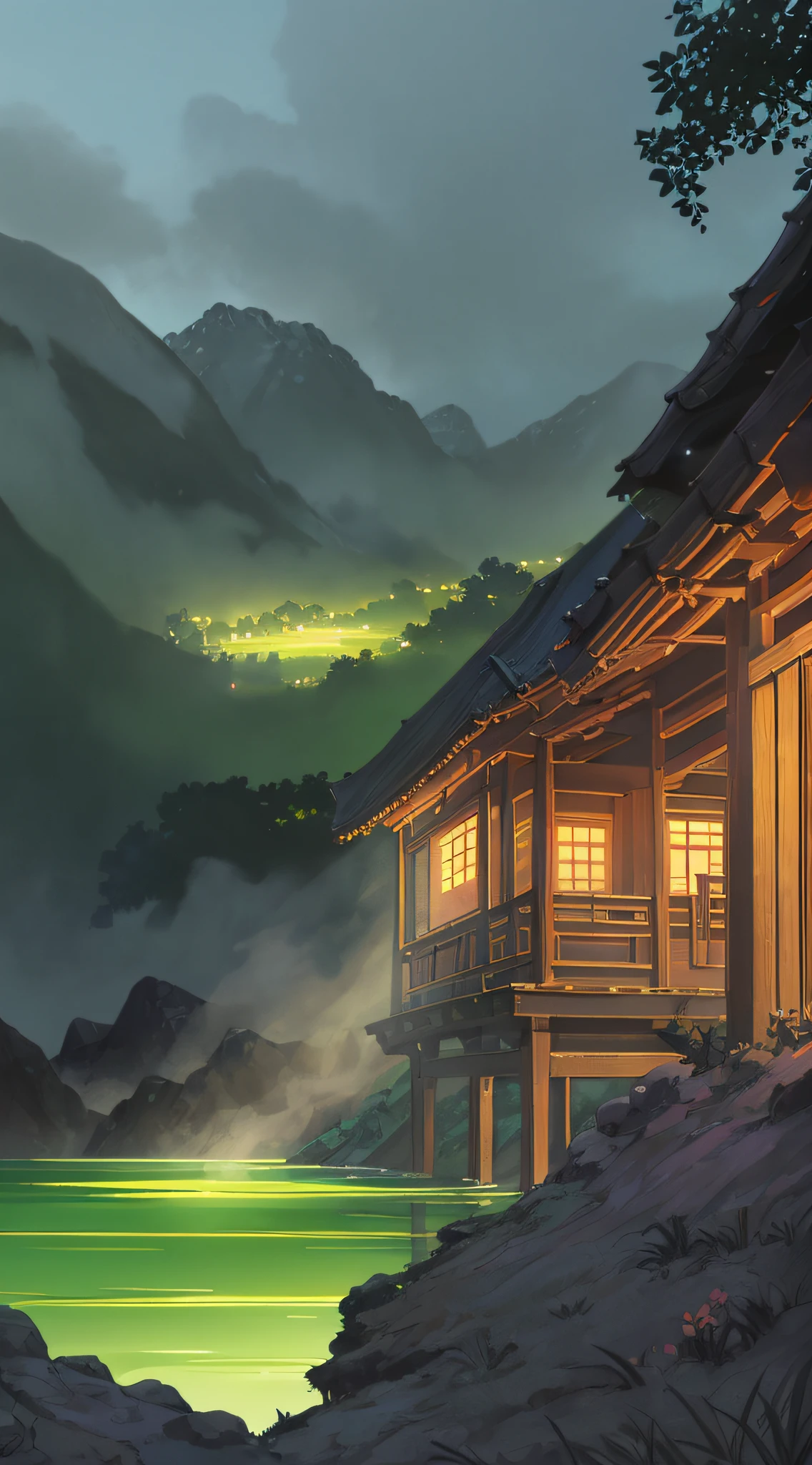 Hot springs, heat, water vapor, waterfalls, ancient Chinese times, jungles, lakes, caves, trees, meadows, night (illustration: 1.0), epic composition, realistic lighting, HD details, masterpieces, best quality, (very detailed CG unified 8k wallpaper)