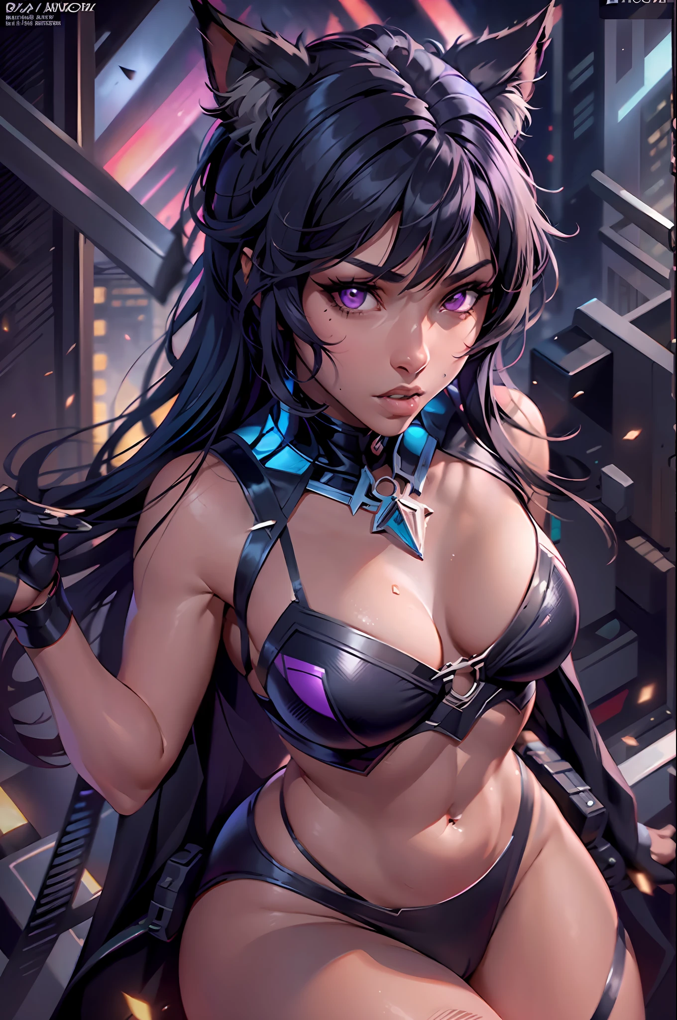 Masterpiece, Excellent, 1girl, solo, complex details, color diffusion, comic book, anime, marvel, DC, catgirl, dark skin, ebony, brown skin, dark-skinned female, thighs, cat ears, dark hair, black hair, purple eyes, skimpy attire, epic attire, assassin, badass, deadly but sexy, trending, demon, goddess