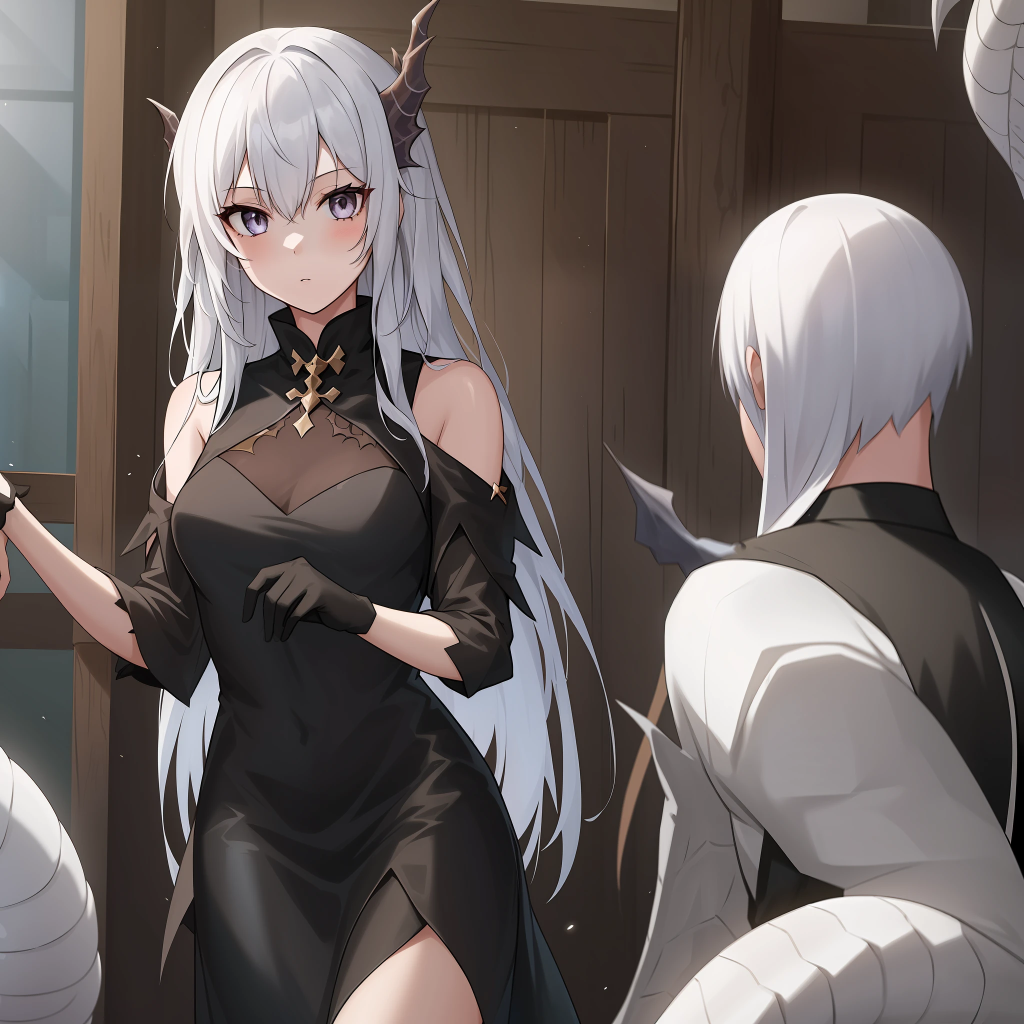 A  girl, dragon, white colored hair, black clothing, Silver eyes