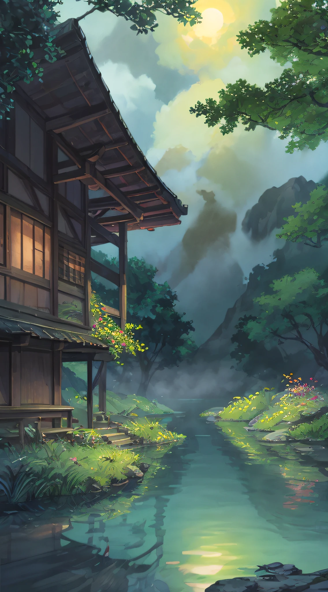 Hot springs, heat, water vapor, waterfalls, ancient Chinese times, jungles, lakes, caves, trees, meadows, night (illustration: 1.0), epic composition, realistic lighting, HD details, masterpieces, best quality, (very detailed CG unified 8k wallpaper)