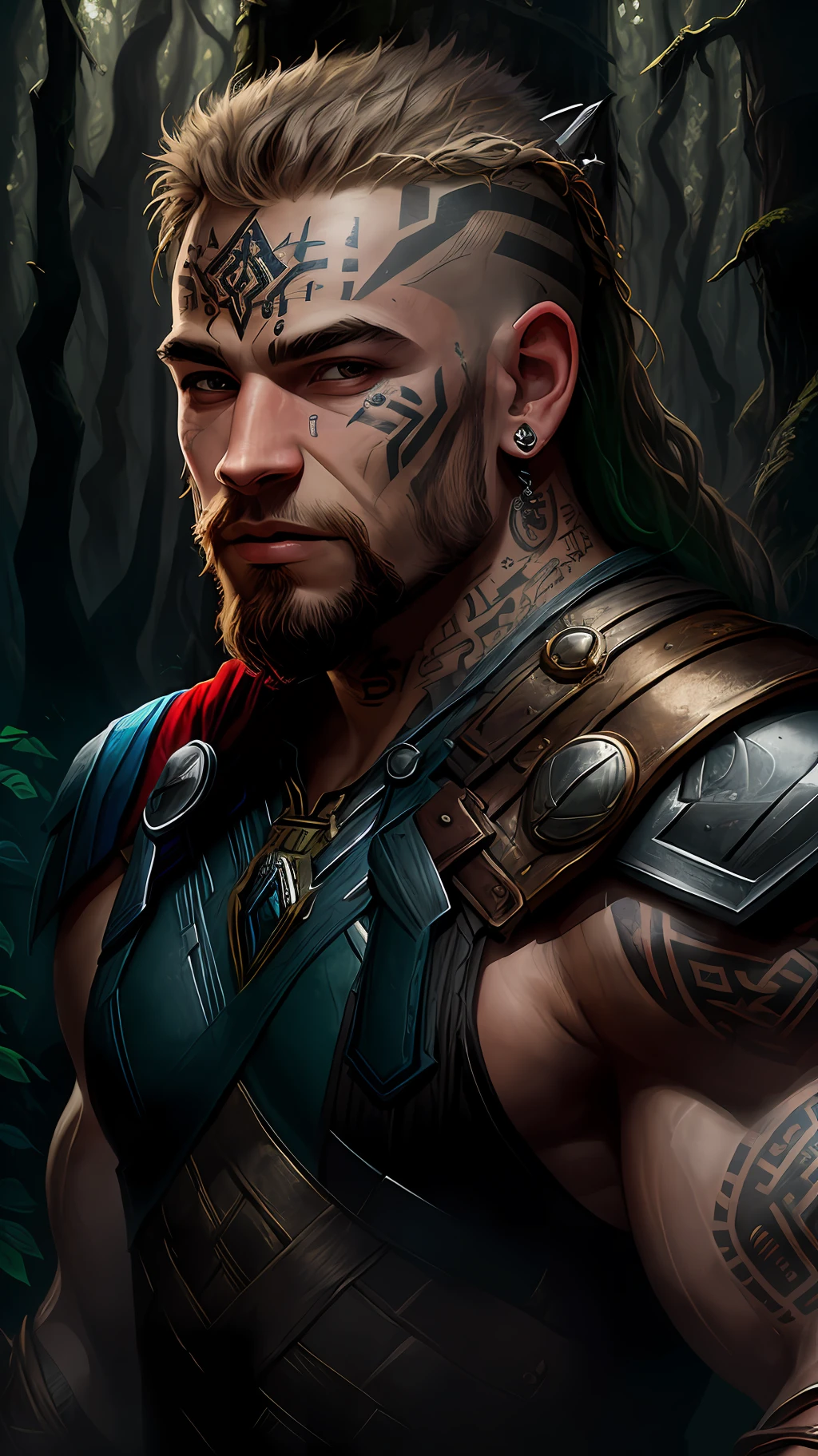 an thor dwarf warrior with face tattoo, forest, fantasy, light particles,