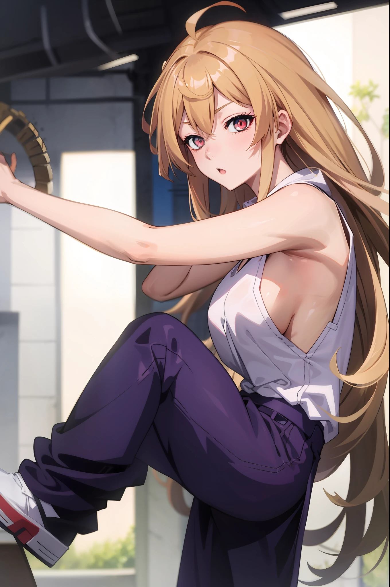 tmasterpiece，blond hairbl，Tsundere，dual horsetail，style of anime，seminude，sexyposture，opening legs