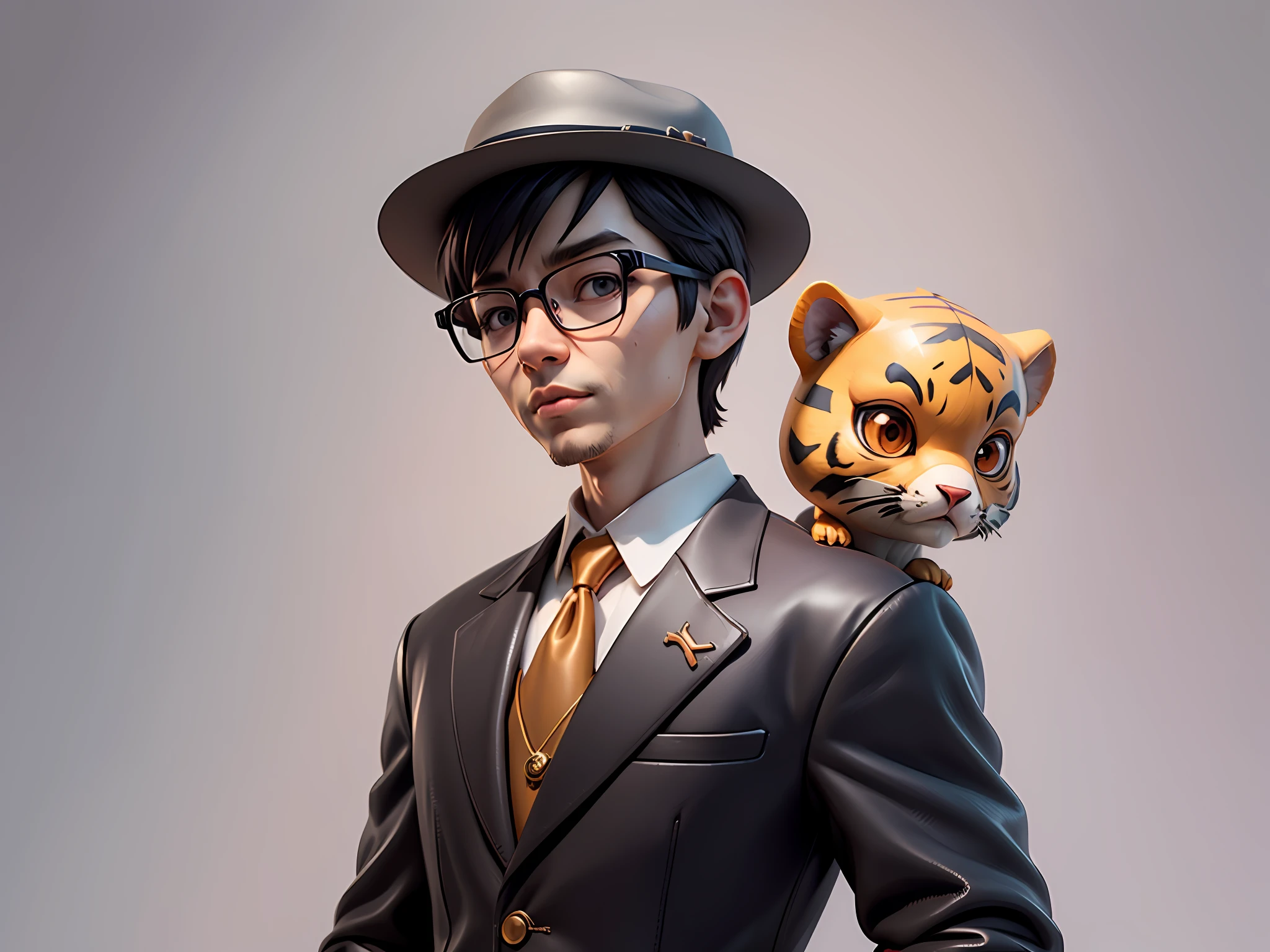 Young man with oriental face in leather hat, tiger, oriental face in formal suit, short black hair, silver glasses, digital painting, 3D character design by Mark Clairedon and Pixar and Hayao Miyazaki and Akira Toriyama, the illustration is a high-definition illustration in 4K resolution with very detailed facial features and cartoon-style visuals.